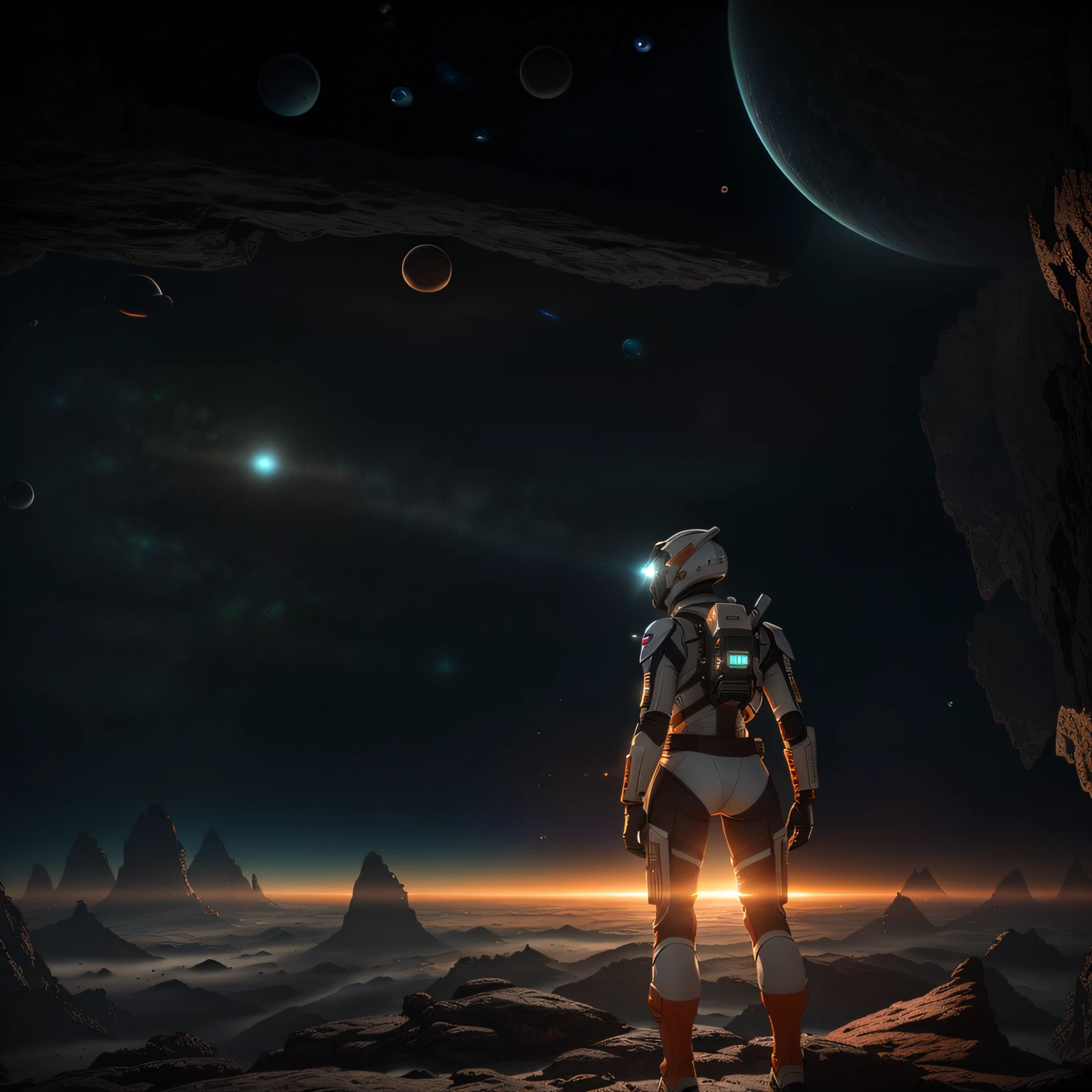 Vast landscape photos, (from below, the sky above, open fields below), a girl standing on a flower field looking up, (Full Moon: 1.2), (Meteor: 0.9), (Nebula: 1.3), Far Mountains, Trees BREAK Making Art, (Warm Light Source: 1.2), (Firefly: 1.2), Lights, Lots of Purple and Orange, Intricate Detailing, Volumetric Lighting, Realism BREAK (Masterpiece: 1.2), (Best Quality), 4K, Ultra-Detailed, (Dynamic Composition: 1.4), Very Detailed, Colorful Detail, (Iridescent Colors: 1.2), (Glowing, Atmospheric Illumination), Dreamy, Fantastic, (Solo: 1.2) Gray hair, flowing long hair, strong wind, orange eyes, shiny eyes, steampunk girl, large, face, chest and thighs raw, visible. photorealistic real, portfolio, fine LED, golden metal mech set, steampunk, metal, beautifully decorated, beautiful relief, small parts polymer, detailed mech parts, thin tube bundle, metal cylinder, detailed neon, fine LED, fine parts, gear, gauge, steam --auto