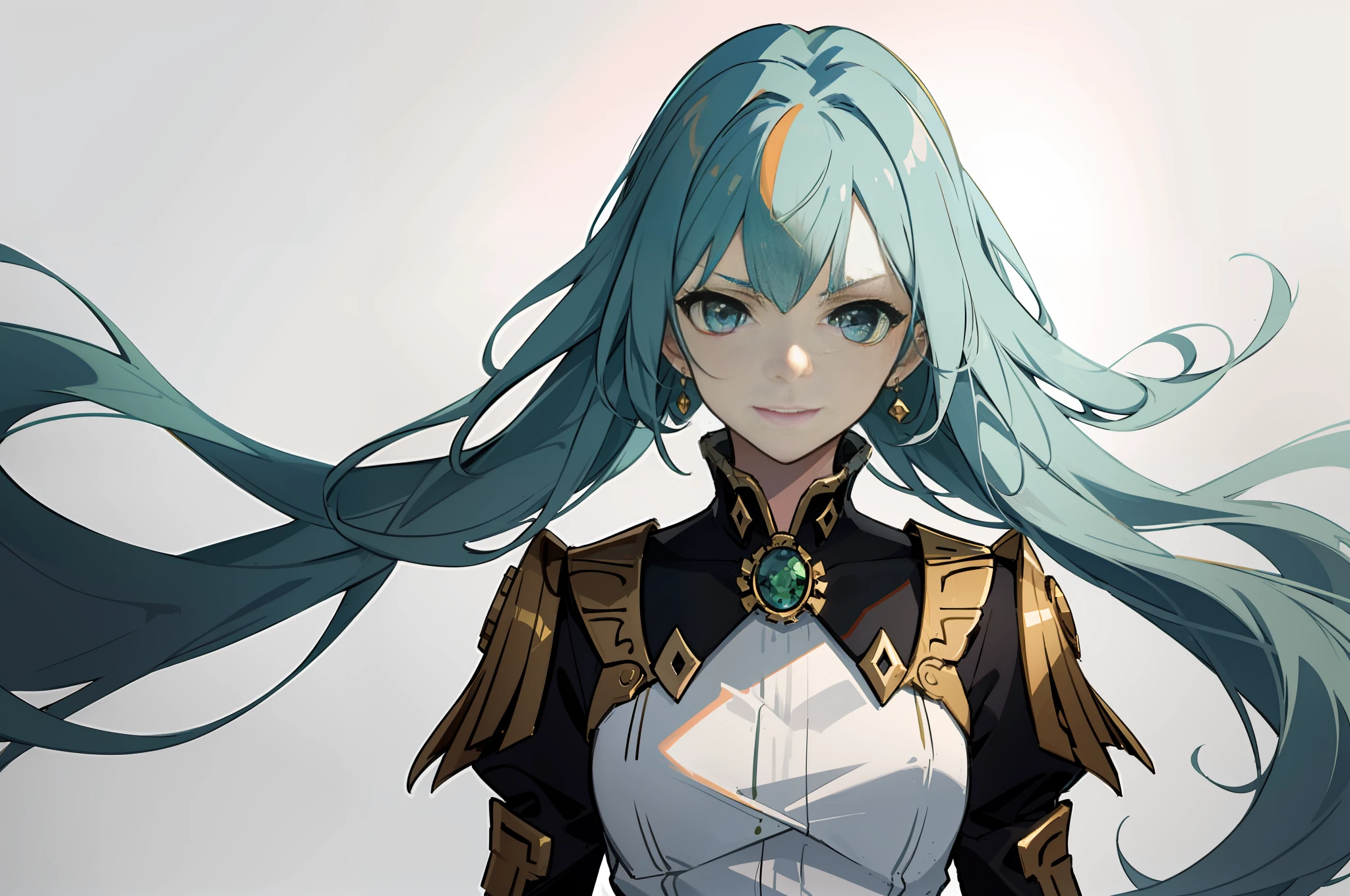 "((masutepiece)), Best Quality, Ultra-detailed, Extremely detailed, (1 girl), floating golden hair, Blue eyes, white imperial outfit,Green hairs,Dynamic Focus, Anime style,(Colorful colors), color filtration."