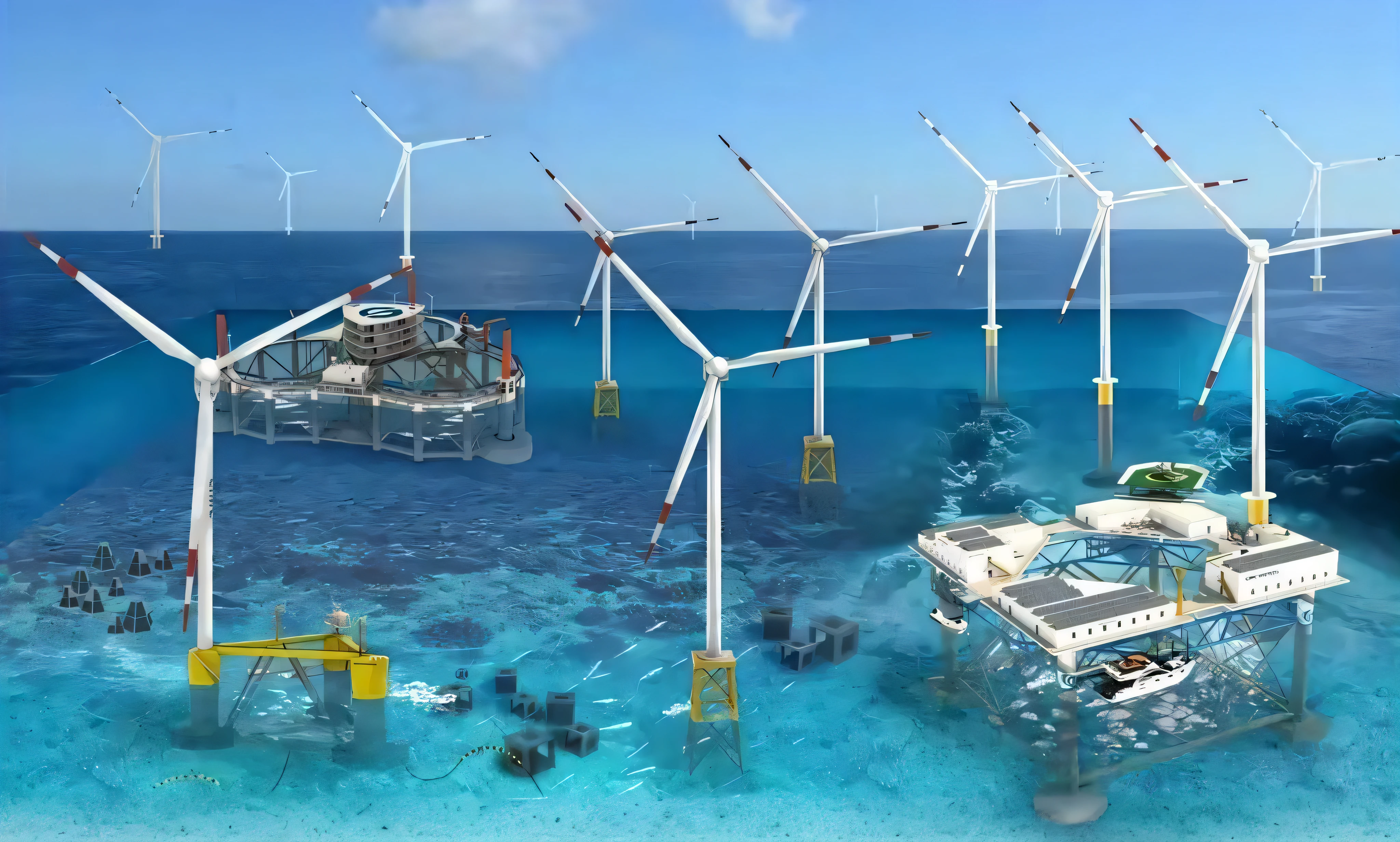 A set of wind turbines floating in the ocean,Next to it is a boat, Offshore wind, renewable energy, floating power cables, , Wind turbines, true realistic image, future-tech, clean energy,Cages for marine farming