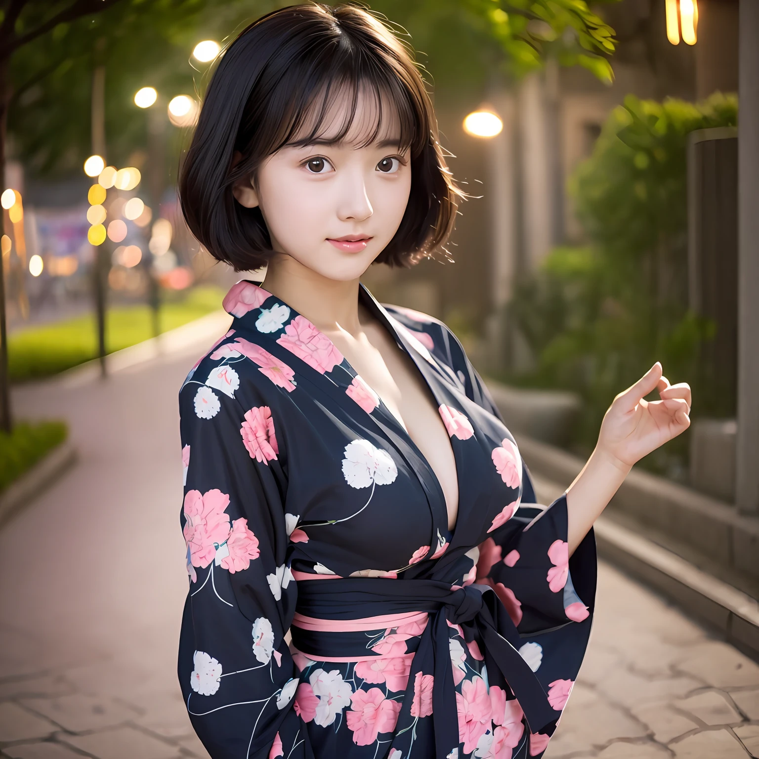 ((top-quality:1.2、Realistic lighting、8K、masterpiece:1.3))、Clear focus:1.1、One lady、Perfect figure:1.4、Black-haired、Red Yukata、outside of house、natta:1.1、Fireworks Festival、Super fine face、Smiling。
