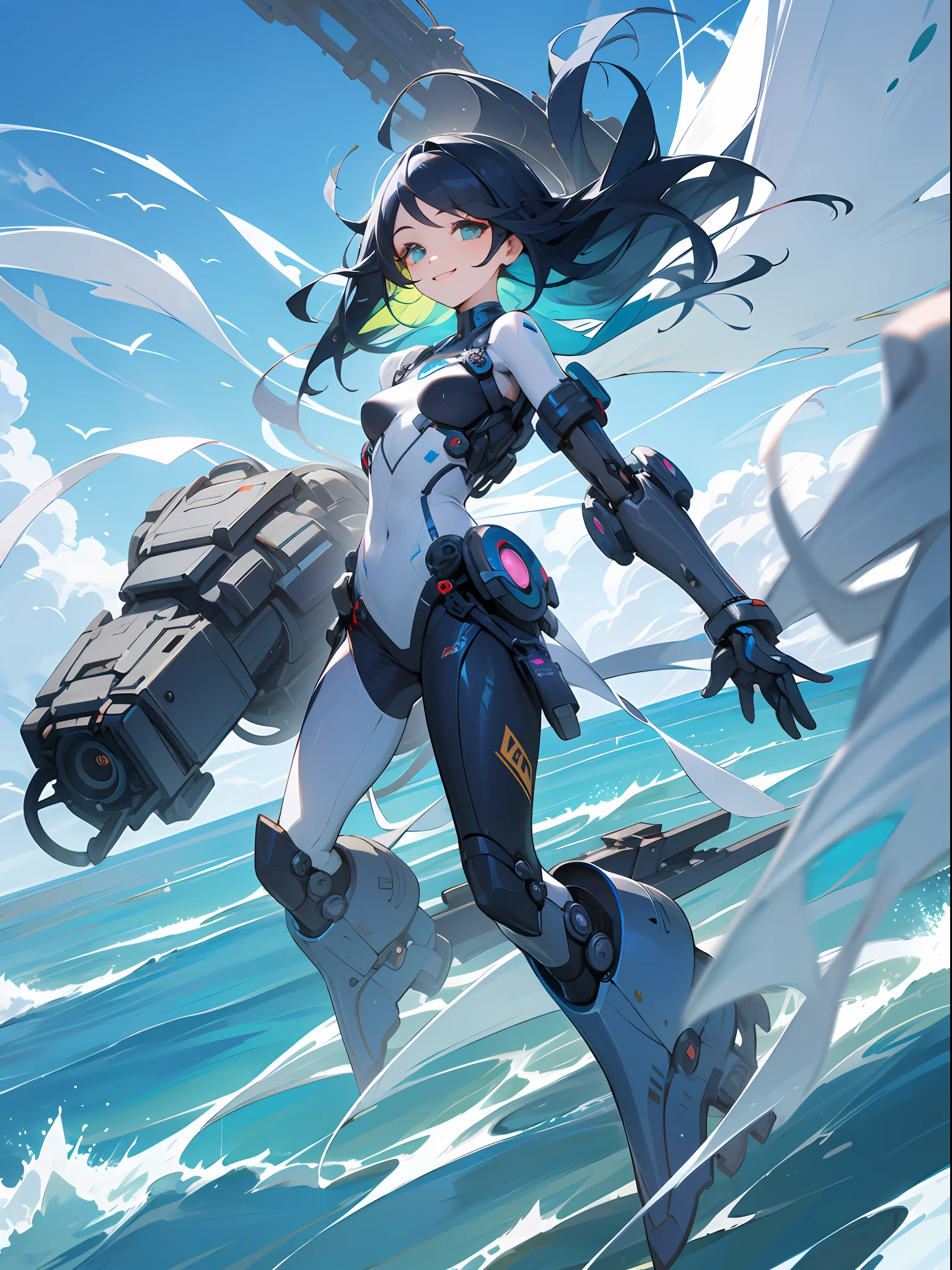 Water mech and summer theme, blue and summer colors, girl with a mix of mechanical parts and human features, smiling, outfit with mechanical elements and a flight over the sea design, hair and eye color to match the theme, flying pose, sea and sky background.