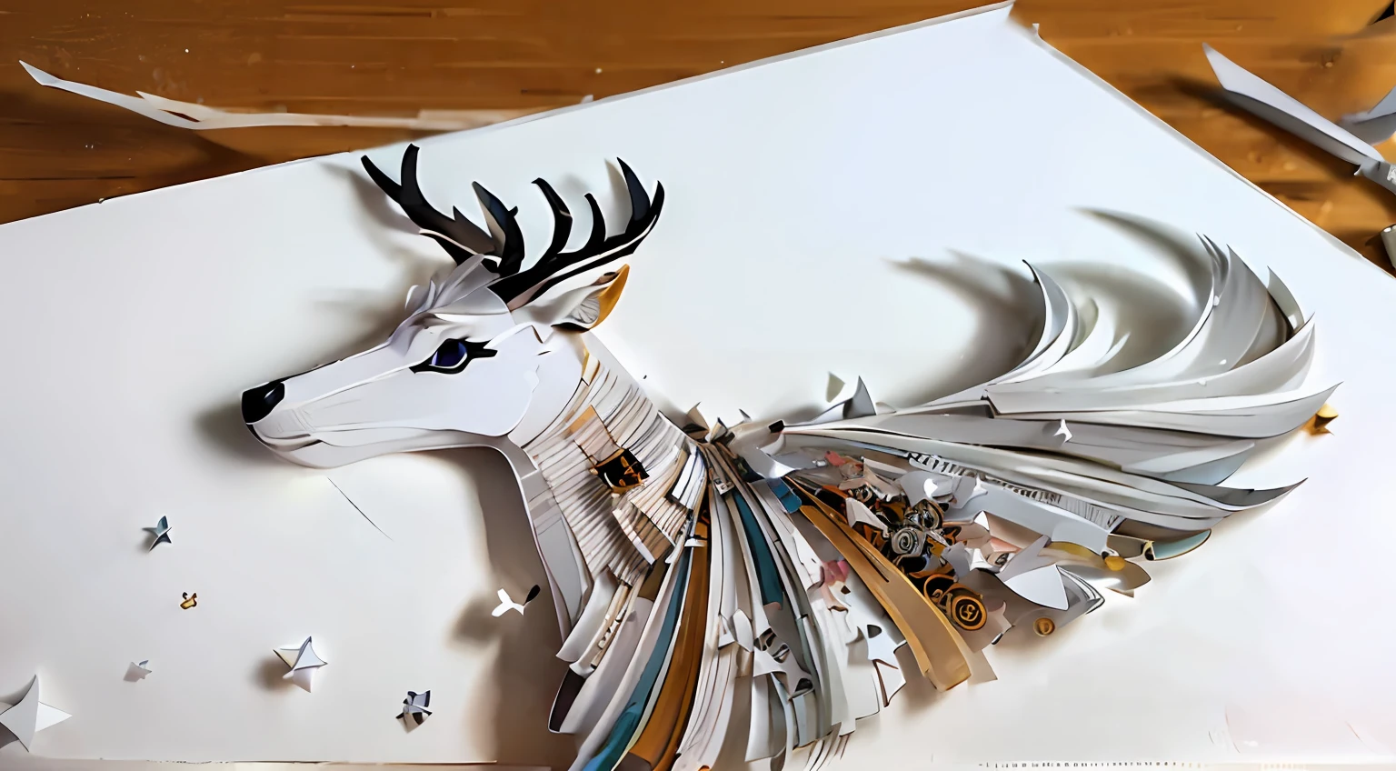 paper-cut craft,Paper illustration,A white sturdy and slender elk,sparkle in eyes,staring at the audience,Front view,Minimalist,paper quilling,Abstract painting Zen,Detailed --auto