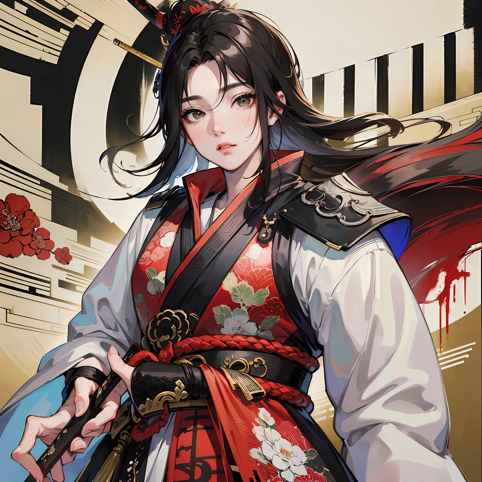 Three Kingdoms Style Antiquity Costume Black Hair Black Eyes Cao Cao Sword Standing --auto