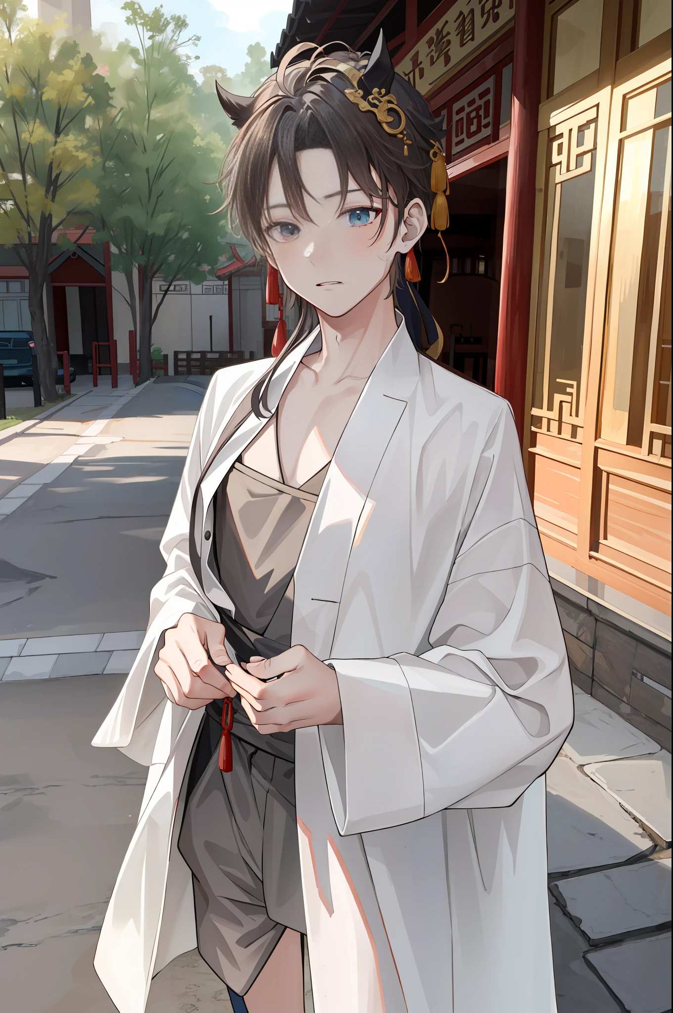 "(tmasterpiece:1.4),(HighestQuali:1.2),(illustratio:1.2),Face height reduction,Full of Beijing suburban style,The boy is dressed in Chinese clothing,Golden hair,The whole body is clearly visible,It looks like a cowboy shot。"