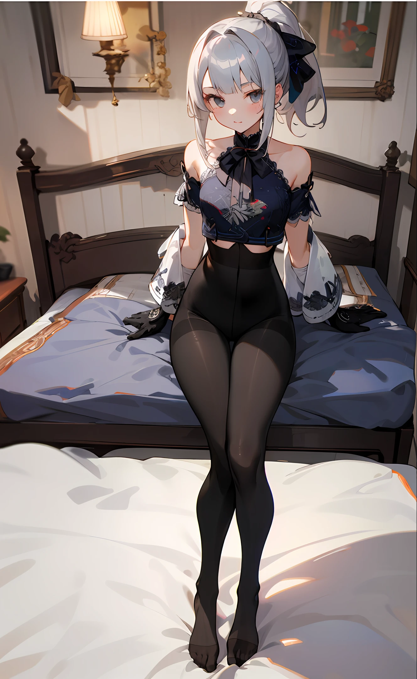 (((1 girl)),ray tracing,(dim lighting),[detailed background (bedroom)),((silver hair)),((silver hair)),(Fluffy silver hair, plump slender girl)) with high ponytail)))) Avoid blonde eyes in the ominous bedroom ((((Girl wears intricately embroidered black high-waisted pants with pantyhose) and white ruffled bow gloves), showing a delicate slim figure and graceful curves, correct limbs, sitting on the bed