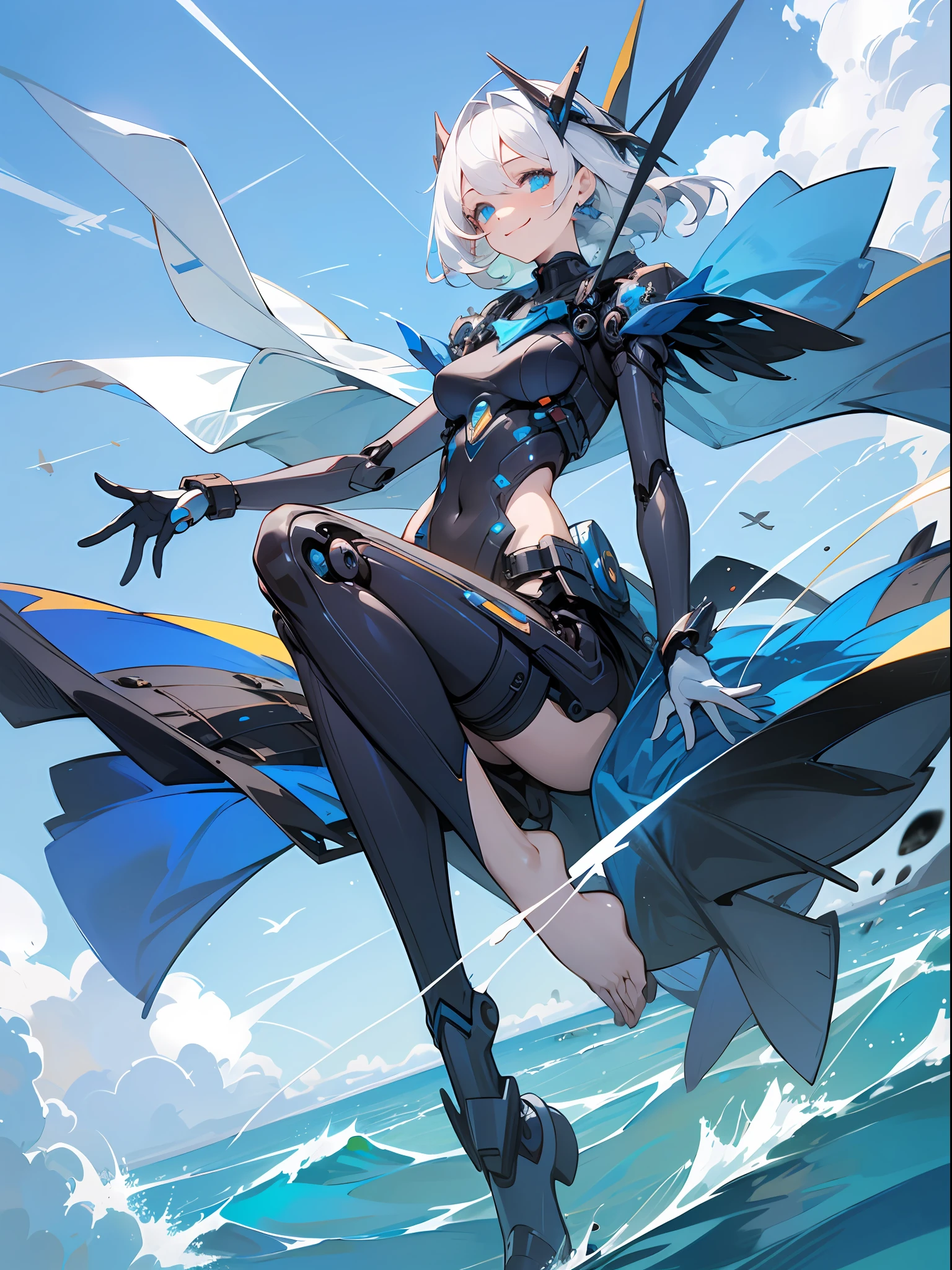 Water mech and summer theme, blue and summer colors, girl with a mix of mechanical parts and human features, smiling, outfit with mechanical elements and a flight over the sea design, hair and eye color to match the theme, flying pose, sea and sky background.