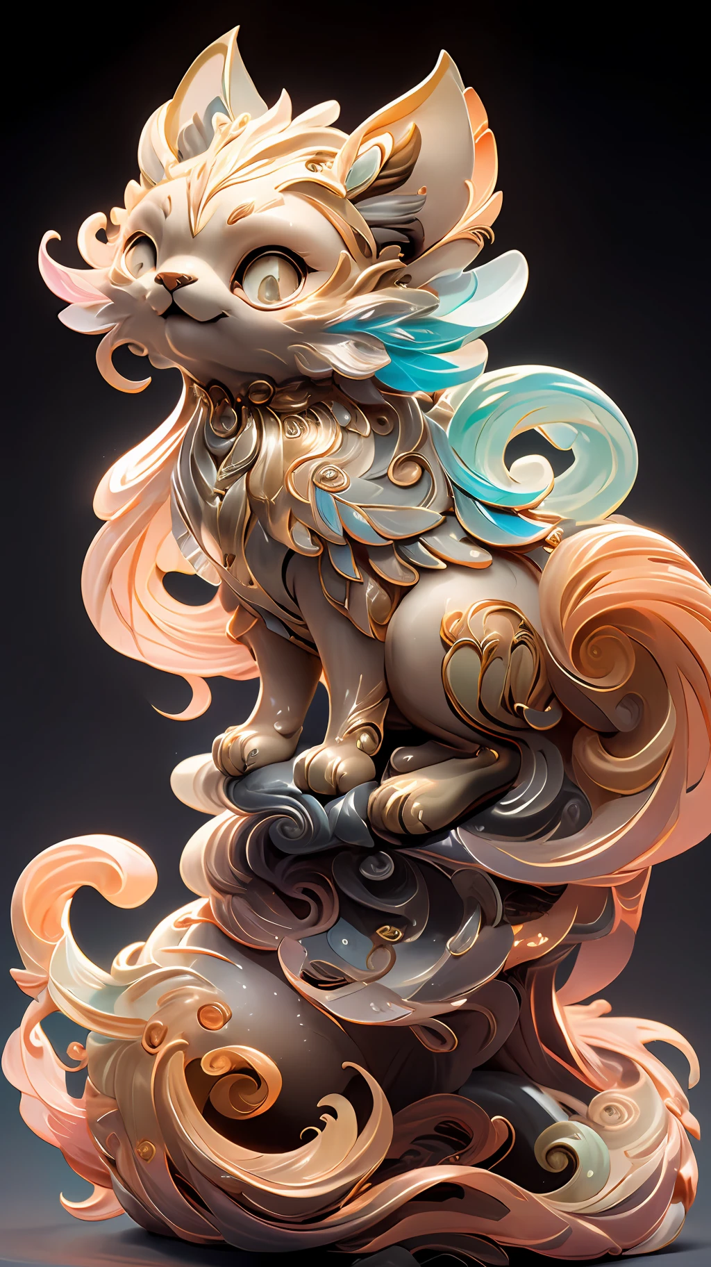 in the shape of a cat,Bling background,Dreamy colors,Transparent statue,florals,Big eyes,Orange colors,Open-mouthed,laughingly,tmasterpiece,(best qualtiy:1.3), full bodyesbian,Ling_Long