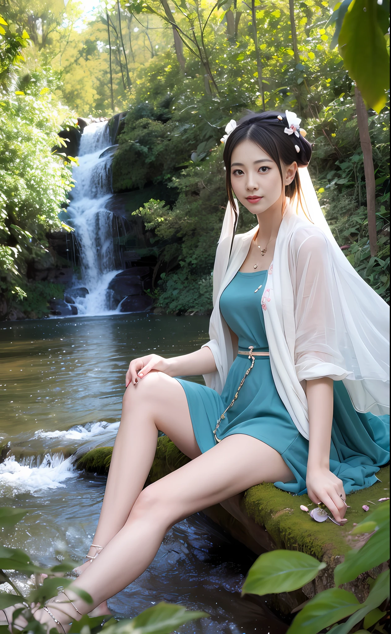 ((Masterpiece))), (Best Quality)), (Ultra Detailed), (Illustration), (Very Tasty and Beautiful), Dynamic, Floating, (Beautiful), (Light of Detail) 1 Girl, Pointy, Long Hair, Water, Solo, Elf, Seated, Half, White Hair, Chain, Green Eyes, Toeless Legs, Barefoot, Jewelry, Viewer, Feathers, Leaves, Nature, (Sunlight), River, (Forest), (Painting), (Sketch), (Blossom), (Portrait: 1.2), (Butterfly: 1.2), (Tindale effect), obscure, Hanfu