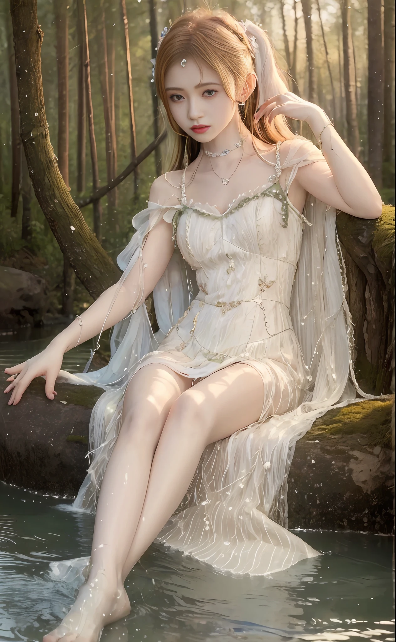 ((Masterpiece))), (Best Quality)), (Ultra Detailed), (Illustration), (Very Tasty and Beautiful), Dynamic, Floating, (Beautiful), (Light of Detail) 1 Girl, Pointy, Long Hair, Water, Solo, Elf, Seated, Half, White Hair, Chain, Green Eyes, Toeless Legs, Barefoot, Jewelry, Viewer, Feathers, Leaves, Nature, (Sunlight), River, (Forest), (Painting), (Sketch), (Blossom), (Portrait: 1.2), (Butterfly: 1.2), (Tindale effect), obscure, Hanfu