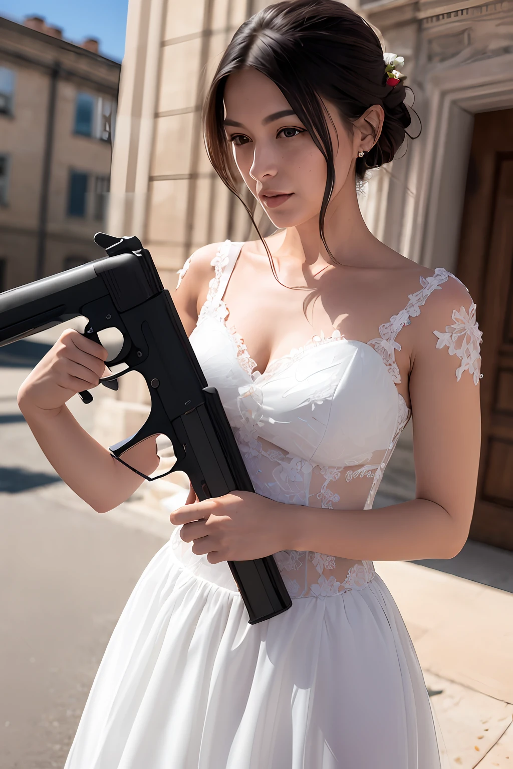 A woman with a gun wearing a tattered wedding dress stained with donated blood