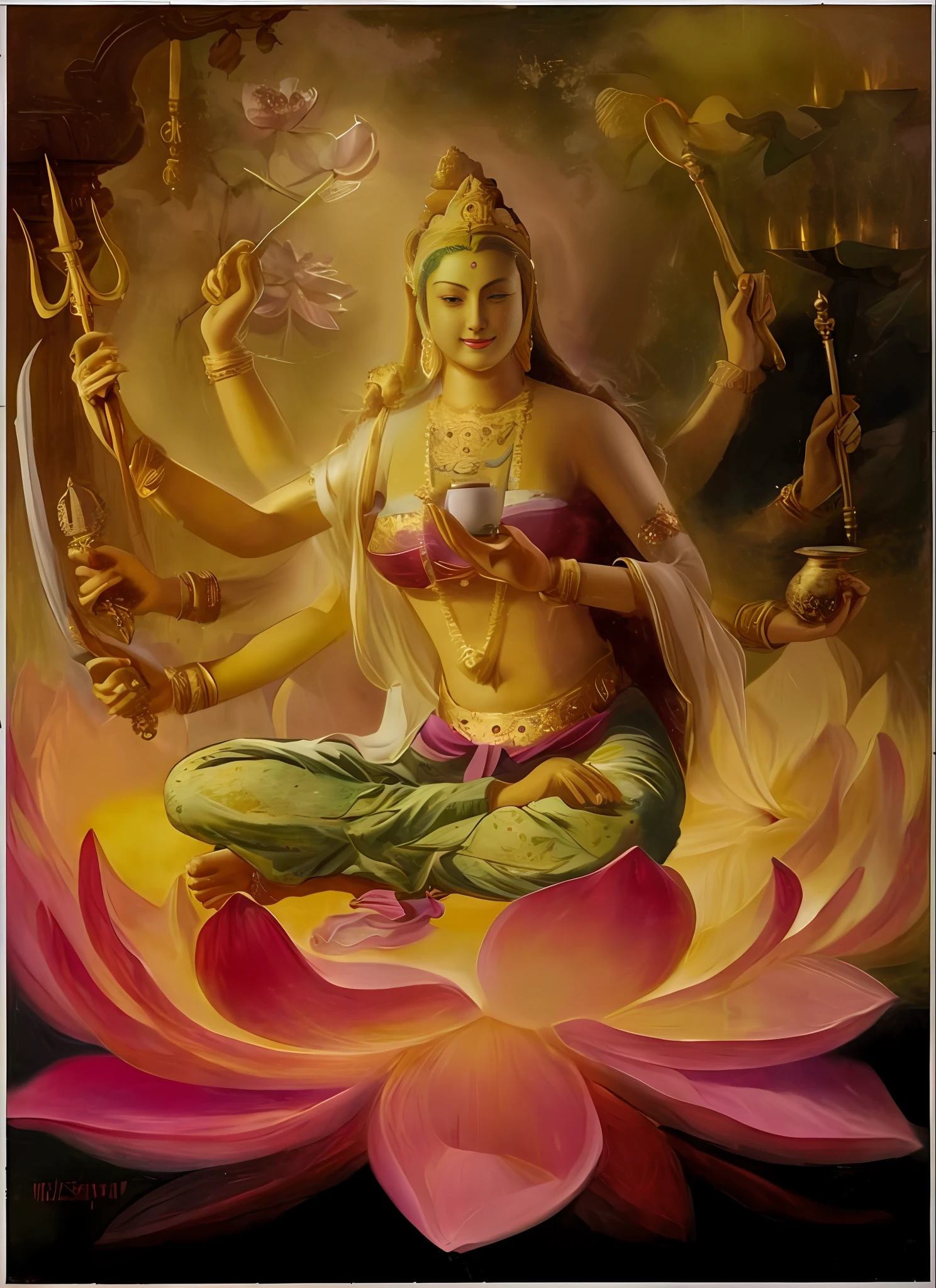 An eight-armed bodhisattva sitting in a lotus flower