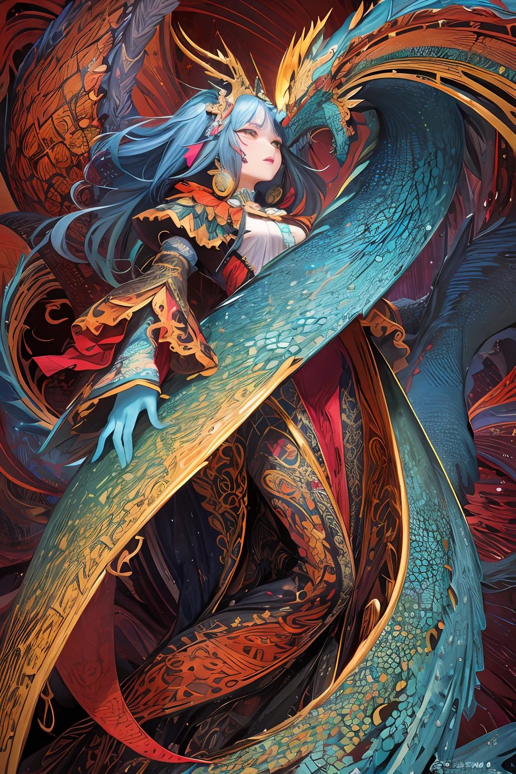 (tmasterpiece,top Quority,best qualtiy,offcial art,Beauty and aesthetics:1.2),(1girl:1.3),The is very detailed,(s fractal art:1.2),Background composed of dragons,Most detailed,(zentangle:1.2),(dynamicposes) , (abstract backgrounds:1.5), (traditionalcostumes:1.2), (shiny skins), (many color:1.4), The upper part of the body