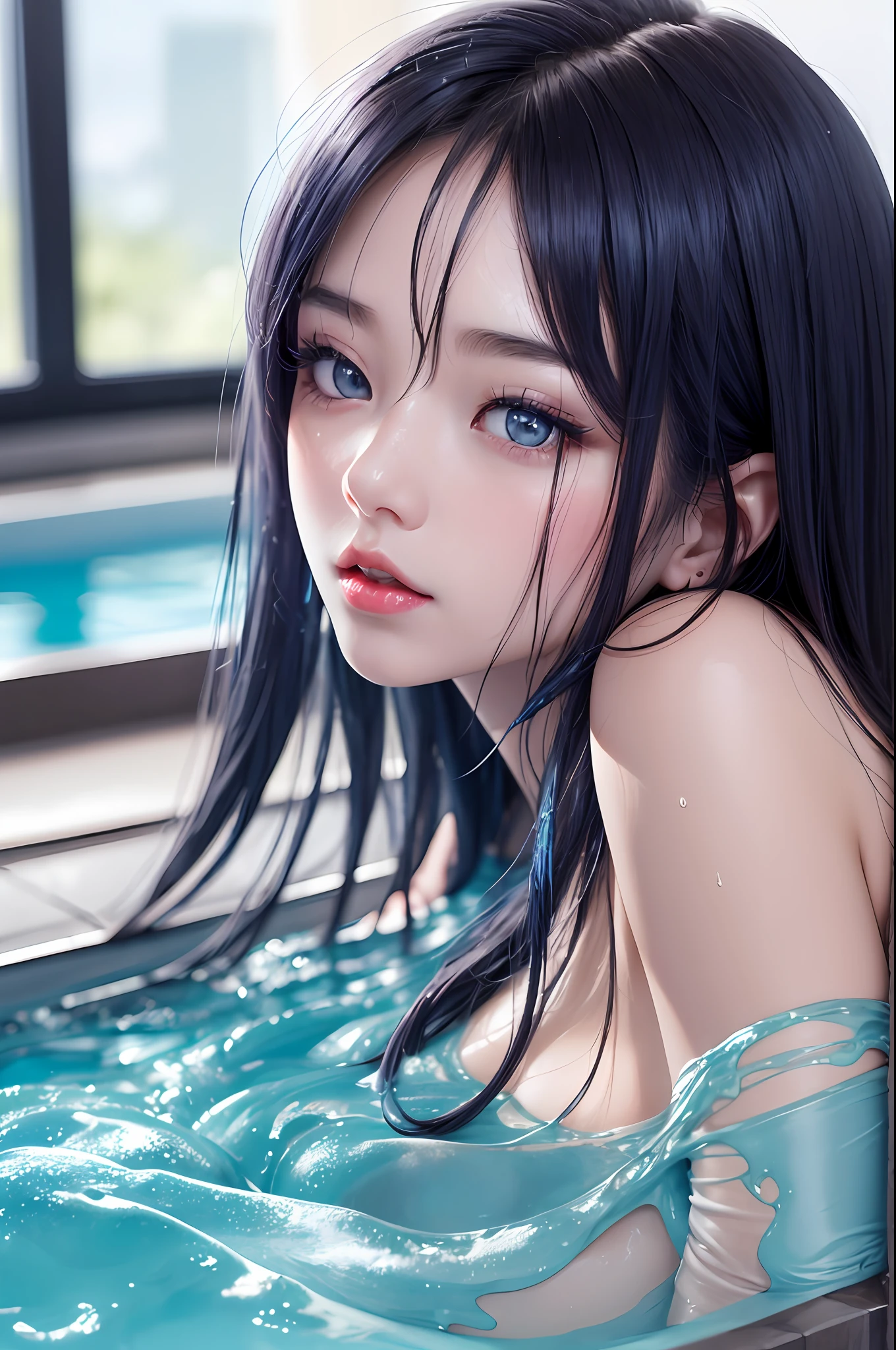 ace, masterpiece, best quality, portrait, (ulzzang liquid Taiwanese student), (cute European high nose), close up and soft up to everything, plump body, spot light, super pale skin, dark make up, sharp focus, detailed anatomy, ultra-wonderful face detail, (her deep drippy blue colored melting slime body under the coat), 19 yo, a hot wet erotic blue colored slime emo super idol, with a ultra-cute face of a Japanese-Korean emo young idol, (ultra-detailed eyes), (ultra-detailed skin), (super melting honey hair), laying on hotel bath pool, (drippy melting body), hyper huge breasts, super wide wet juicy sexy red lips, photography, soft light,perfect young luxury face, photorealistic, correct fingers, the light is very bright style: photorealistic --auto --s2