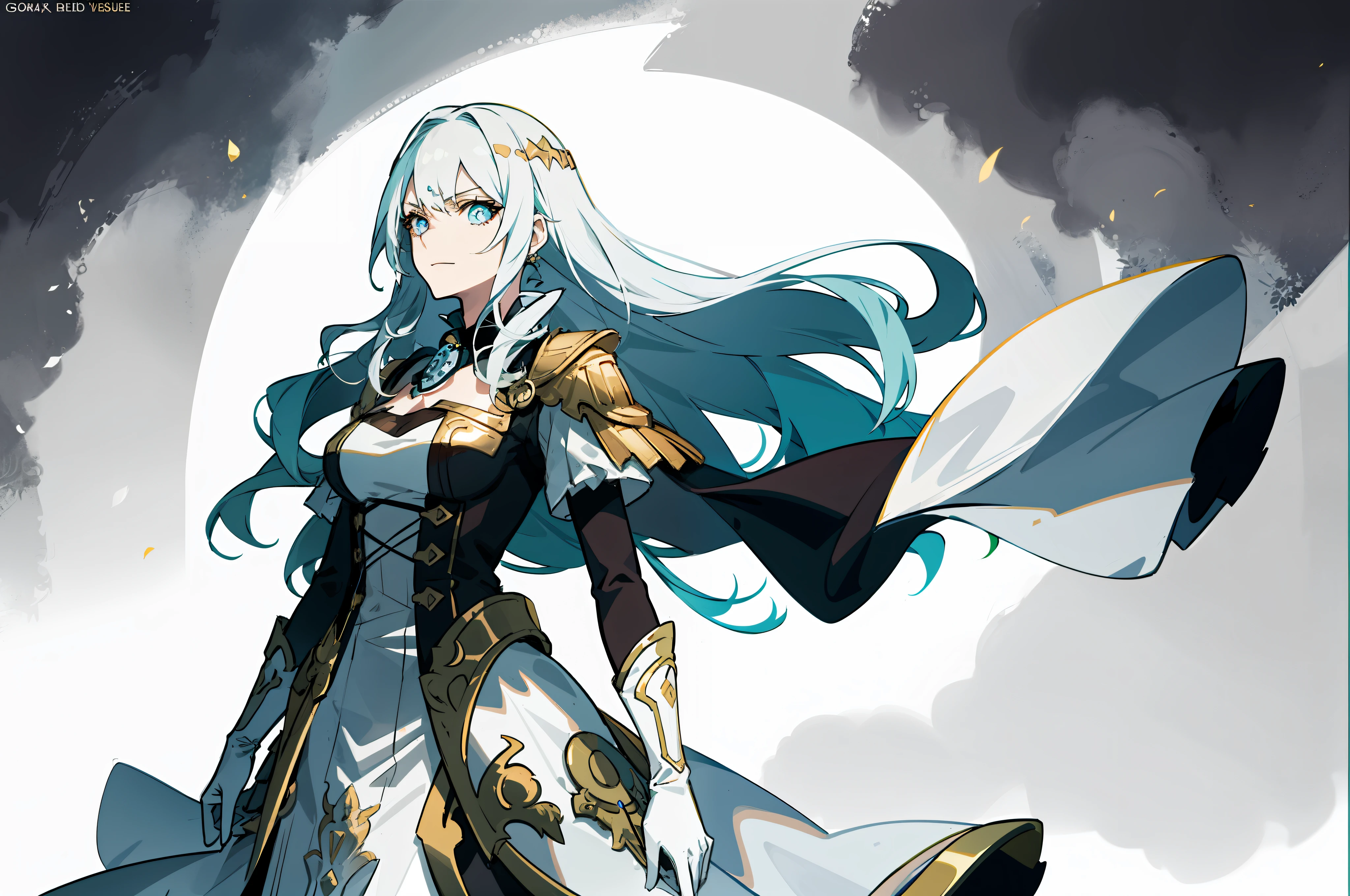 "((masutepiece)), Best Quality, Ultra-detailed, Extremely detailed, (1 girl), floating golden hair, Blue eyes, white imperial outfit,Green hairs,Dynamic Focus, Anime style,(Colorful colors), color filtration."
