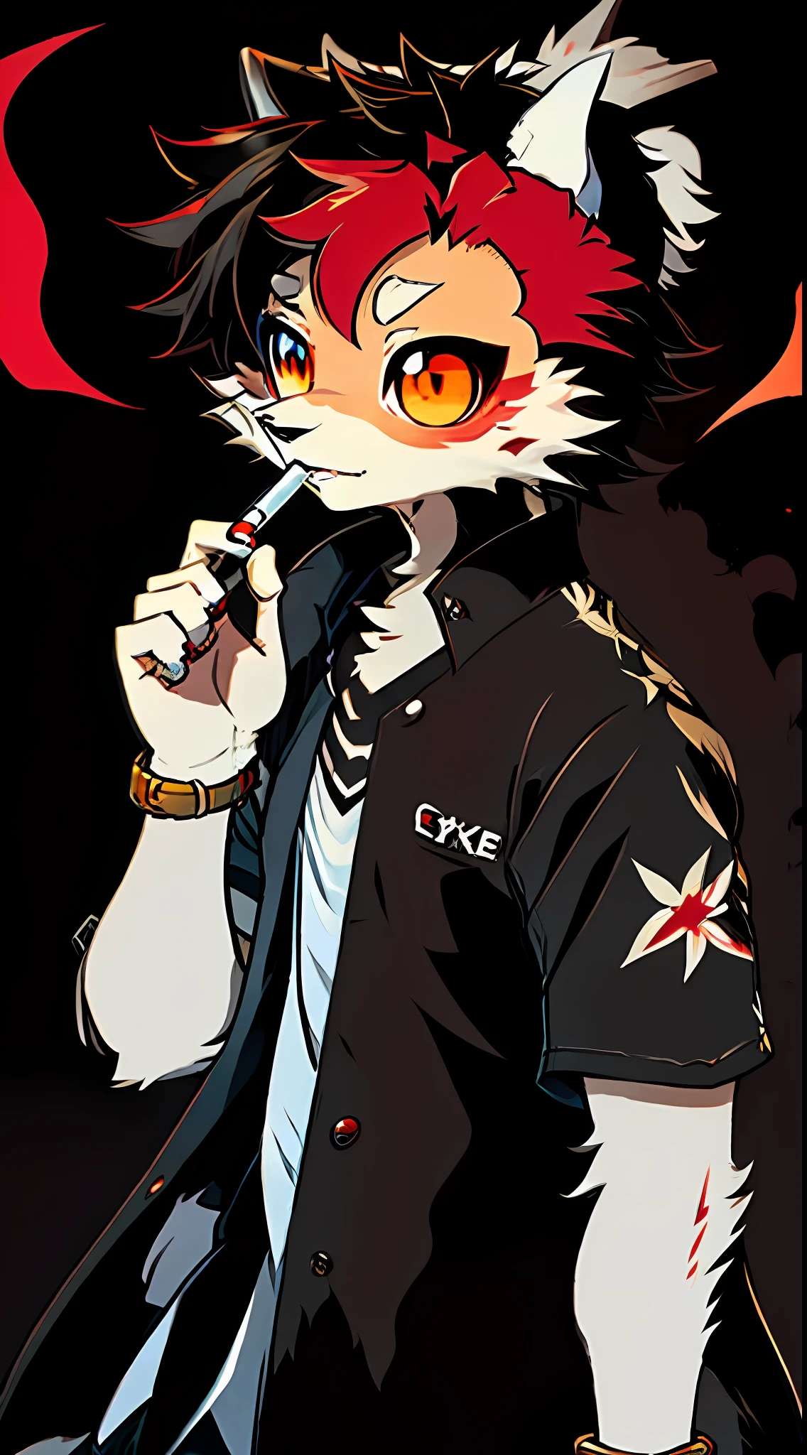 anime boy furry with red hair and black dress holding a cigarette, gapmoe yandere grimdark, demon slayer rui fanart, portrait gapmoe yandere grimdark, gapmoe yandere, yandere, demon slayer artstyle, with red glowing eyes, yandere intricate, anime style illustration, anime style 4 k, anime moe artstyle, by Jin Homura