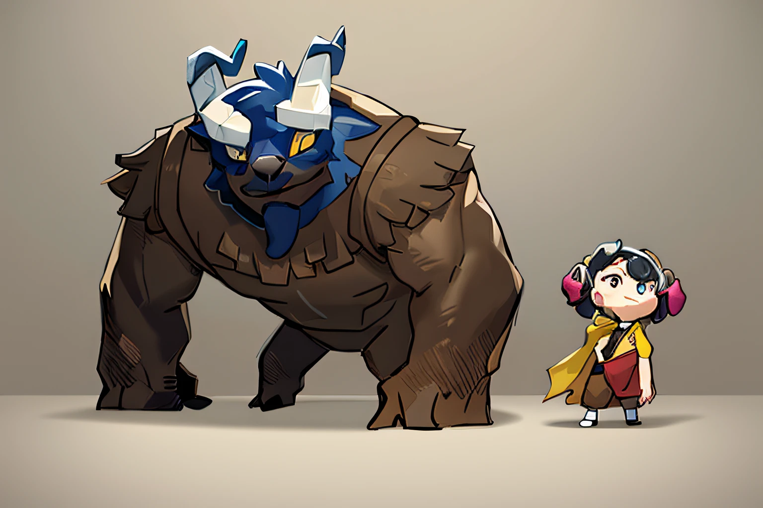There is a caricature,A man and a woman stand next to a giant animal, lamb and goat fused as one, conceptual mystery pokemon, hori + concept-art, new pokemon, Sirius A and Sirius B, 《the last airbender》Apa in , concept-art, concept-art, hidari and vlop, What a rough beast, jazza and rossdraws