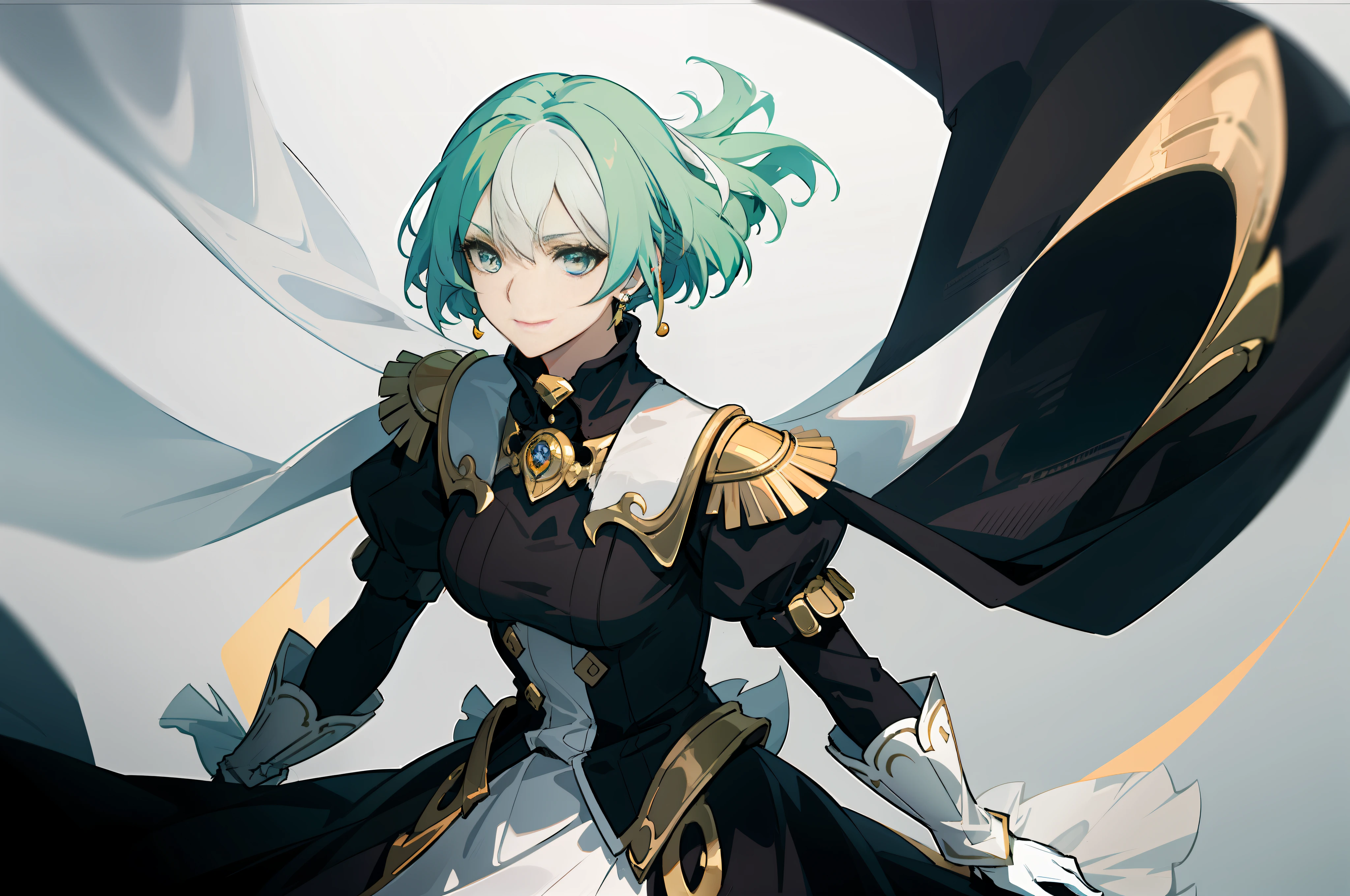 "((masutepiece)), Best Quality, Ultra-detailed, Extremely detailed, (1 girl), floating golden hair, Blue eyes, white imperial outfit,Green hairs,Dynamic Focus, Anime style,(Colorful colors), color filtration."