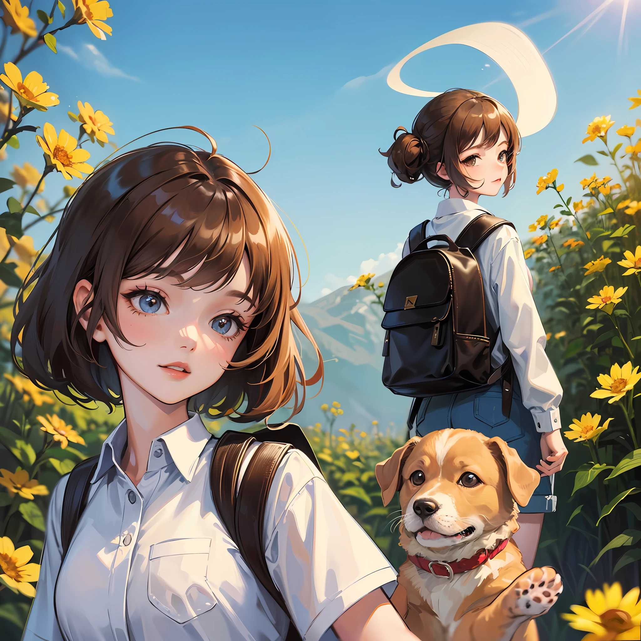 Tip: A very charming  with a backpack and her cute puppy enjoying a lovely spring outing surrounded by beautiful yellow flowers and nature. The illustration is a high-definition illustration in 4k resolution, featuring highly detailed facial features and cartoon-style visuals. --auto