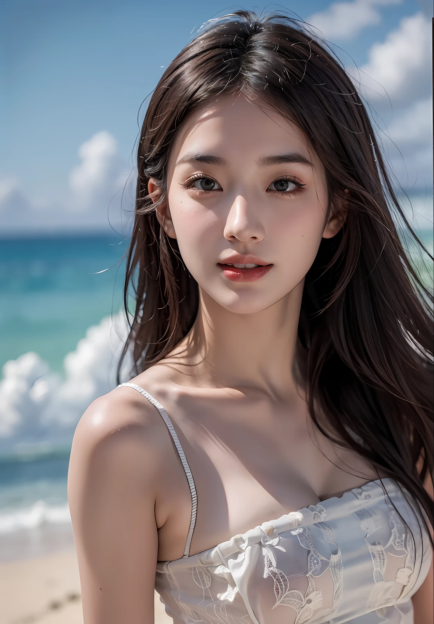 Best quality,Masterpiece,超高分辨率,(Photorealistic:1.4),(1girll:1.3),exteriors,beachside，the sea，Facing the sea，Face the camera，ssmile，On cruise ships，(full bodyesbian:1.5),1 girl,wavy and long hair,Girls all over,Open chest,vests, Dusk，Bright，The sky is blue，White clouds