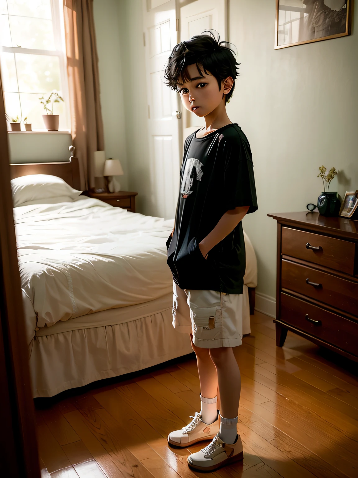 younge boy，with short black hair，white short sleeve，standing on your feet，In the daytime，Bedrooms，