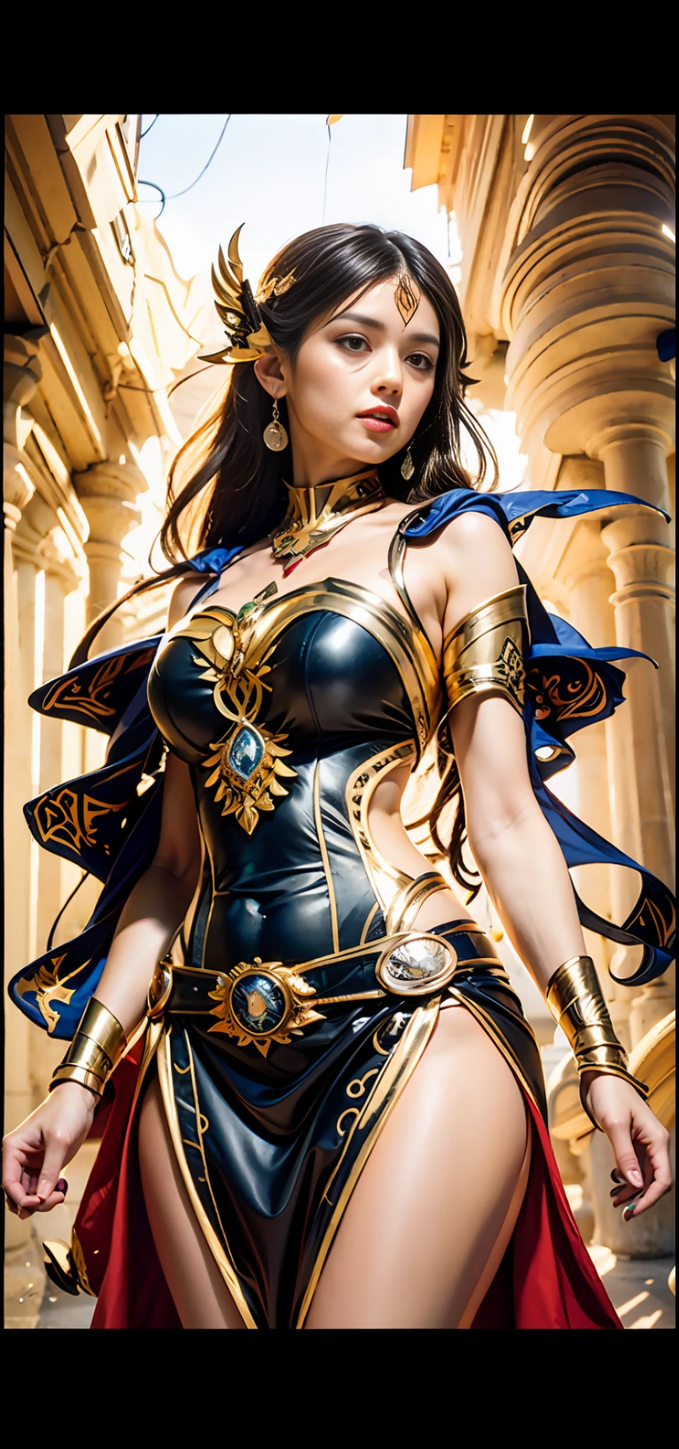 NSFW、((of the highest quality, 8K, masutepiece: 1.3)), Solo、ars, 1 beautiful girl,Female Warrior、Bikini Armor、 Beautiful girl with accentuated slender abs: 1.4, (Random hairstyle, sexy hips. (Huge breasts: 1.2),skimpy armor,(Smaller head、Slim body、large full breasts)、(Greek Temple)、 hyperdetailed face, Detailed eyes,Full body、