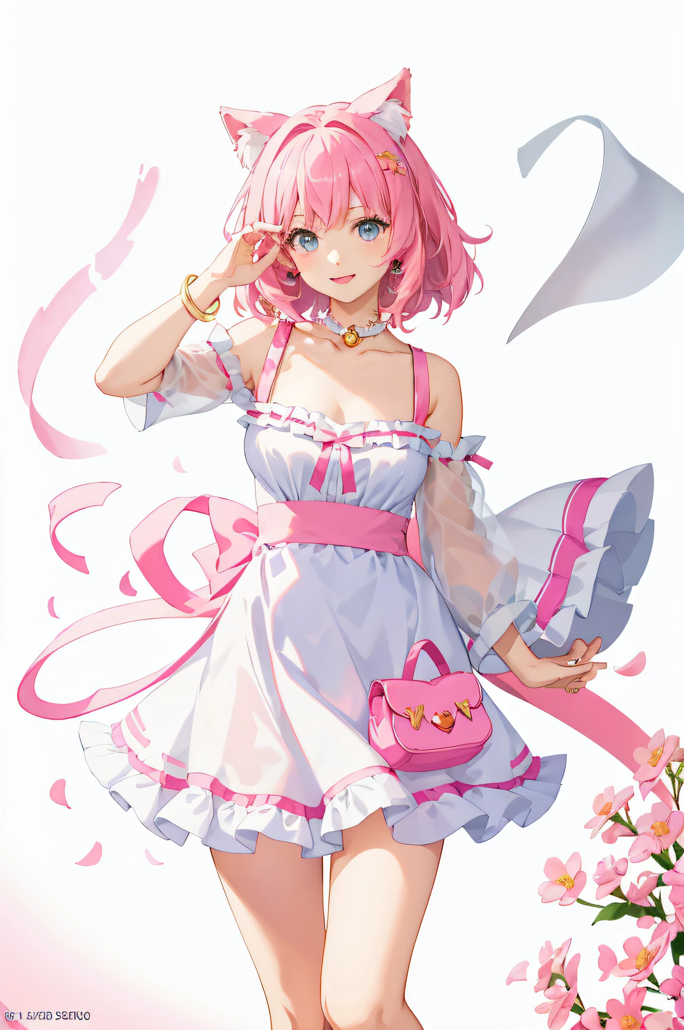 Anime girl in pink dress，Pink ears and pink wallet, cute anime waifu in a nice dress, loli in dress, Anime moe art style, madoka kaname, Sakura Kinomoto, macross delta splash art, Pink girl, portrait of magical girl, pretty anime girl, Splash art anime Loli, (Anime girl), Loli
