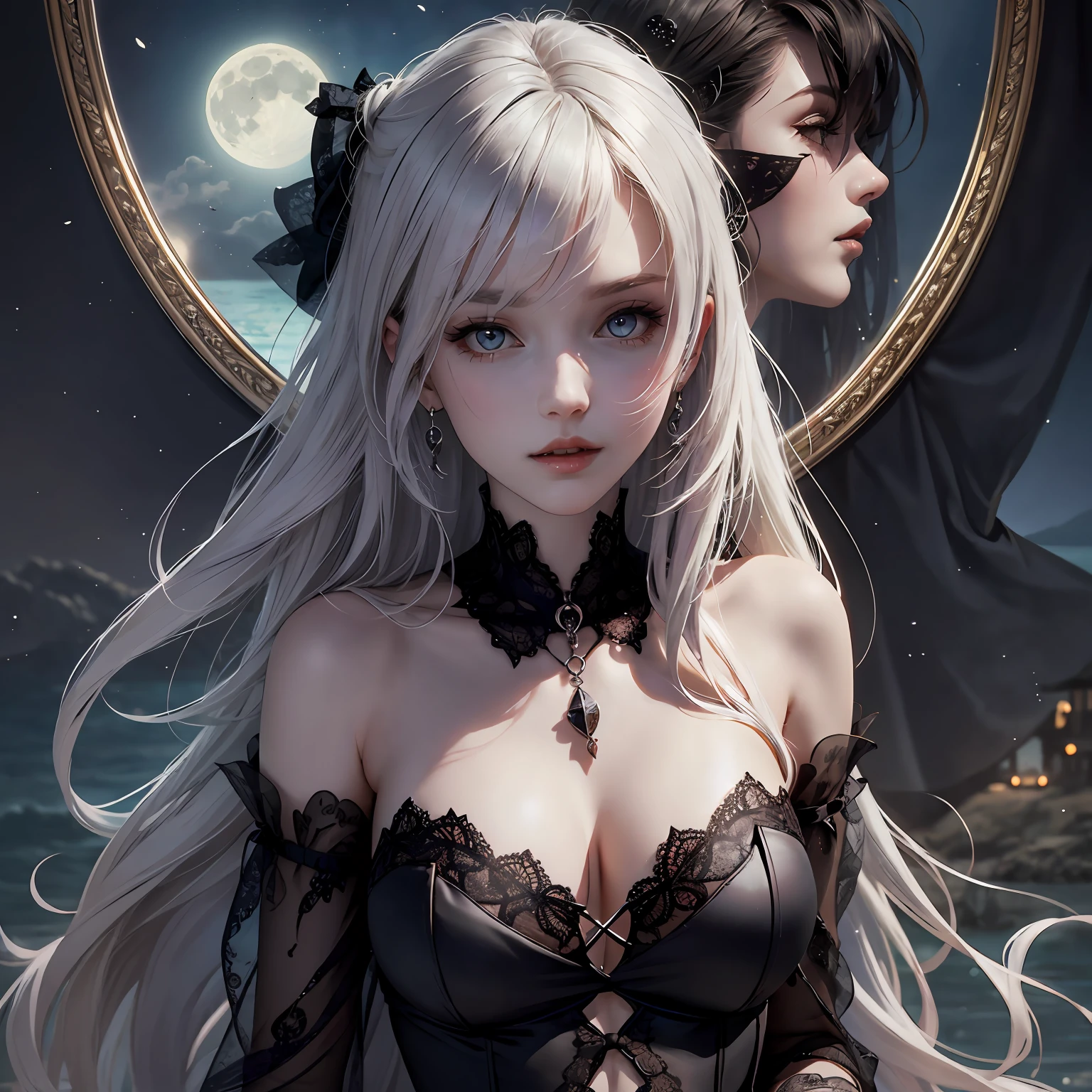 Clear quality，Advanced image quality，long  white hair，Purple pupils，White oversized moon，A maiden stands in front of the moon，Fold your hands on your chest，battle garment，cropped shoulders，Pupil softness，best qualtiy，Premium image quality，Vintage coiled hair，high-necked，Black lace top，M bangs --auto