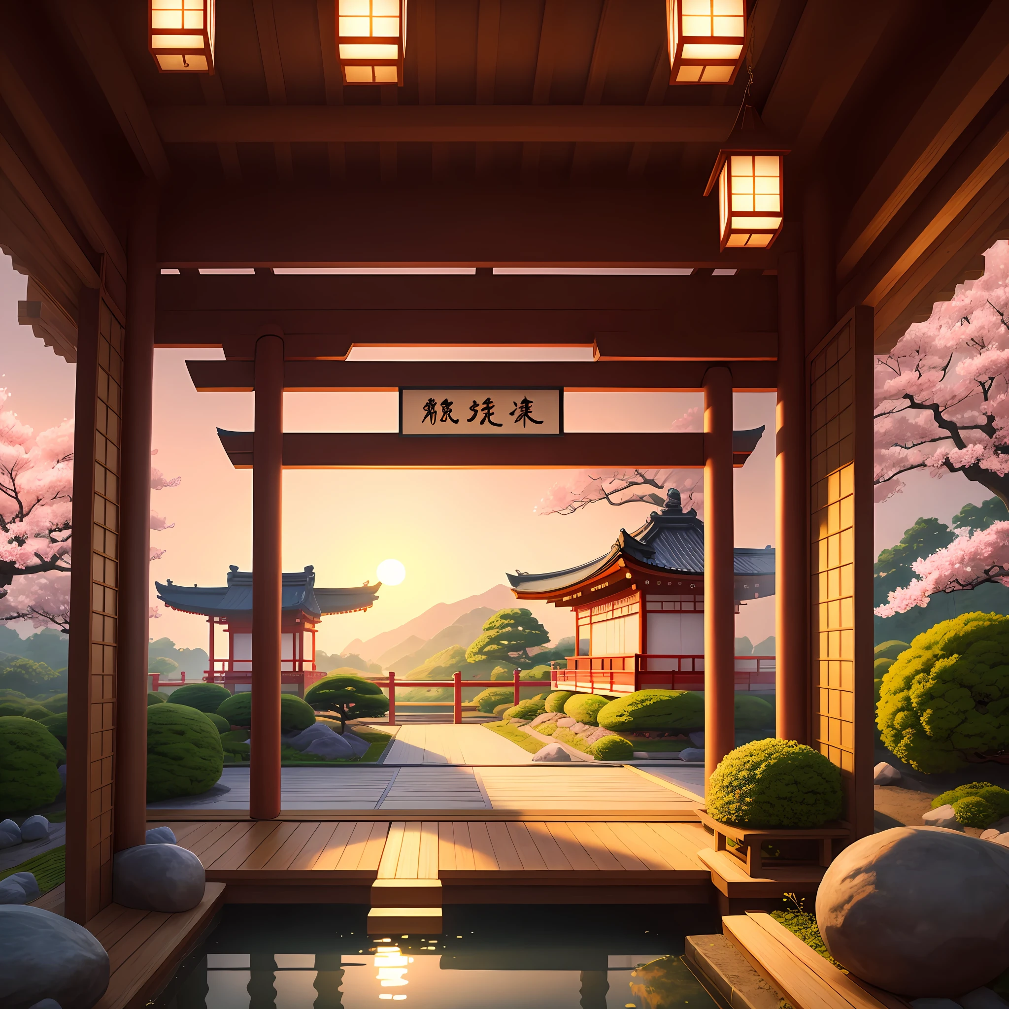 (digital painting),(best quality), serene Japanese garden, cherry blossoms in full bloom, koi pond, footbridge, pagoda, Ukiyo-e art style, Hokusai inspiration, Deviant Art popular, 8k ultra-realistic, pastel color scheme, soft lighting, golden hour, tranquil atmosphere, landscape orientation