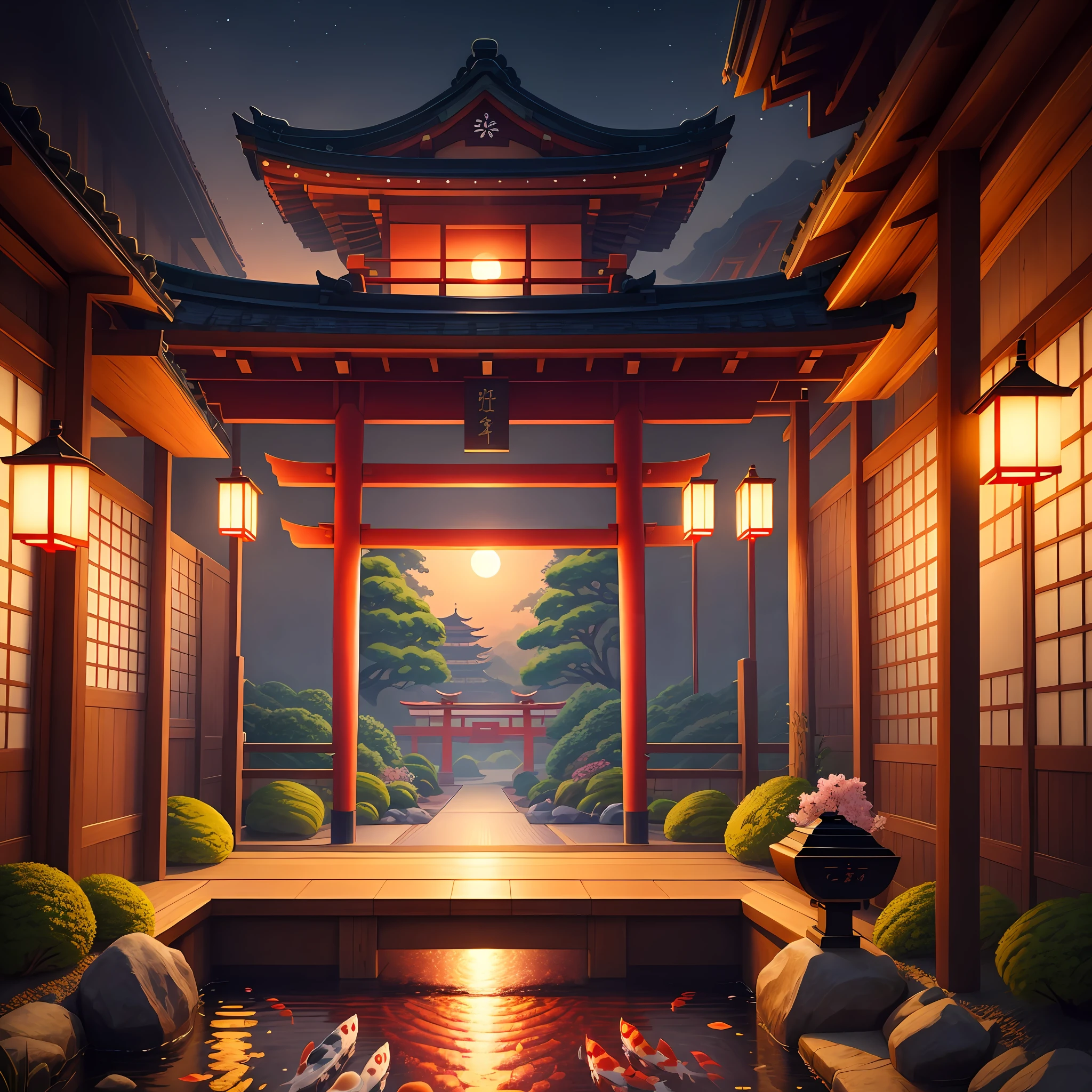 (digital painting),(best quality), serene Japanese garden, cherry blossoms in full bloom, koi pond, footbridge, pagoda, Ukiyo-e art style, Hokusai inspiration, Deviant Art popular, 8k ultra-realistic, pastel color scheme, soft lighting, golden hour, tranquil atmosphere, landscape orientation