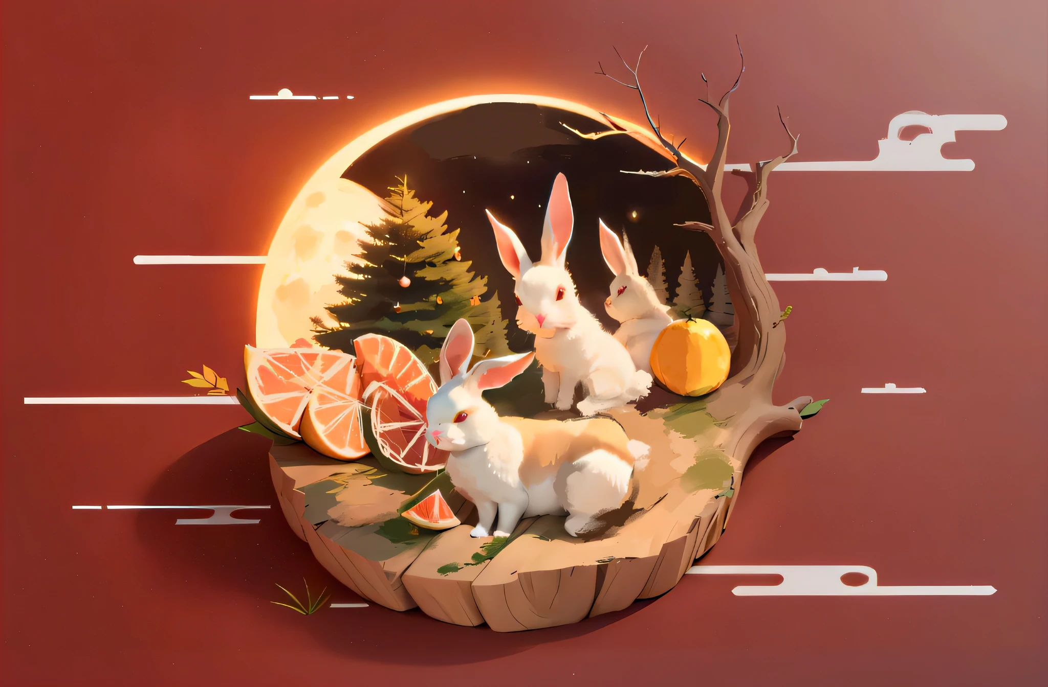 There were two rabbits sitting on a piece of wood，There are grapefruit on it, a forest with bunnies, in the style of Cyril Rolando, Inspired by Cyril Rolando, cyril rolando and goro fujita, author：Ivan Generalić, author：Cyril Rolando, Cute detailed digital art, Stylized digital illustration, Rabbits, in style of digital illustration, Fine details Vector graphics