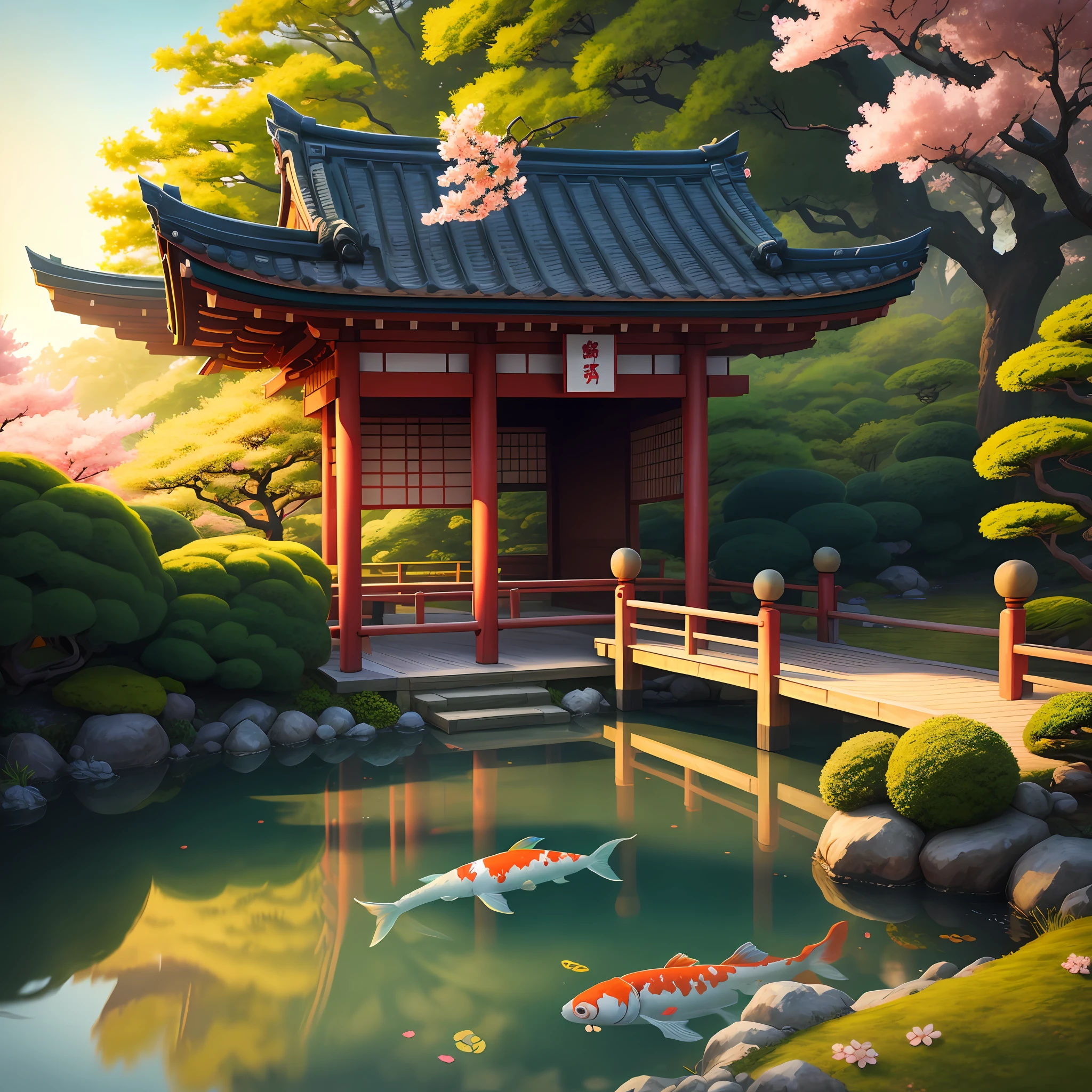 (digital painting),(best quality), serene Japanese garden, cherry blossoms in full bloom, koi pond, footbridge, pagoda, Ukiyo-e art style, Hokusai inspiration, Deviant Art popular, 8k ultra-realistic, pastel color scheme, soft lighting, golden hour, tranquil atmosphere, landscape orientation