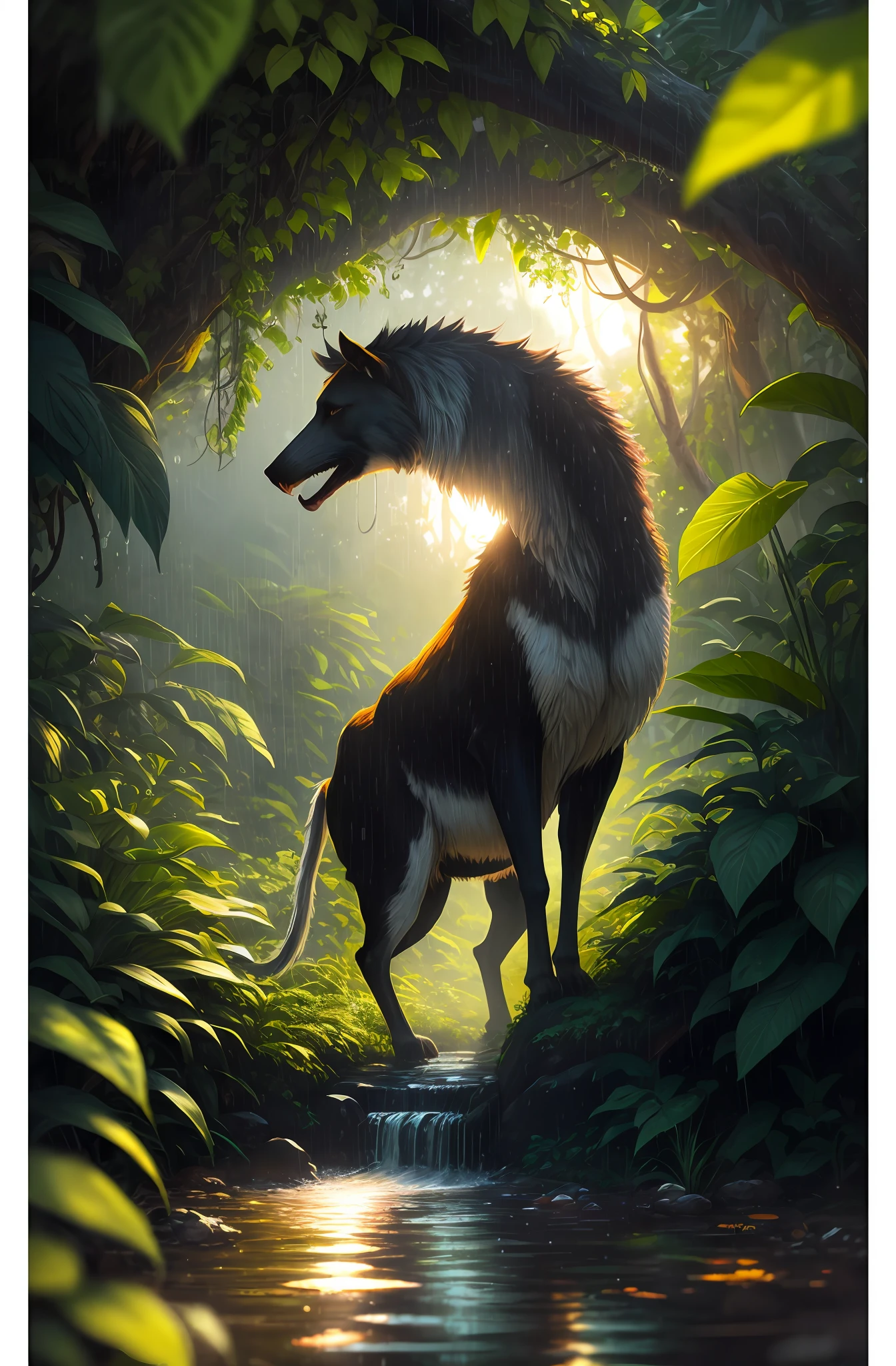 A jungle, with intense rainfall, monochromatic, vines all around, giant and wet trees, masterpiece, best quality, high quality, extremely detailed CG unity 8k wallpaper, oil paiting, award winning photography, Bokeh, Depth of Field, HDR, bloom, Chromatic Aberration ,Photorealistic,extremely detailed, trending on artstation, trending on CGsociety, Intricate, High Detail, dramatic, art by midjourney, volumetric lighting