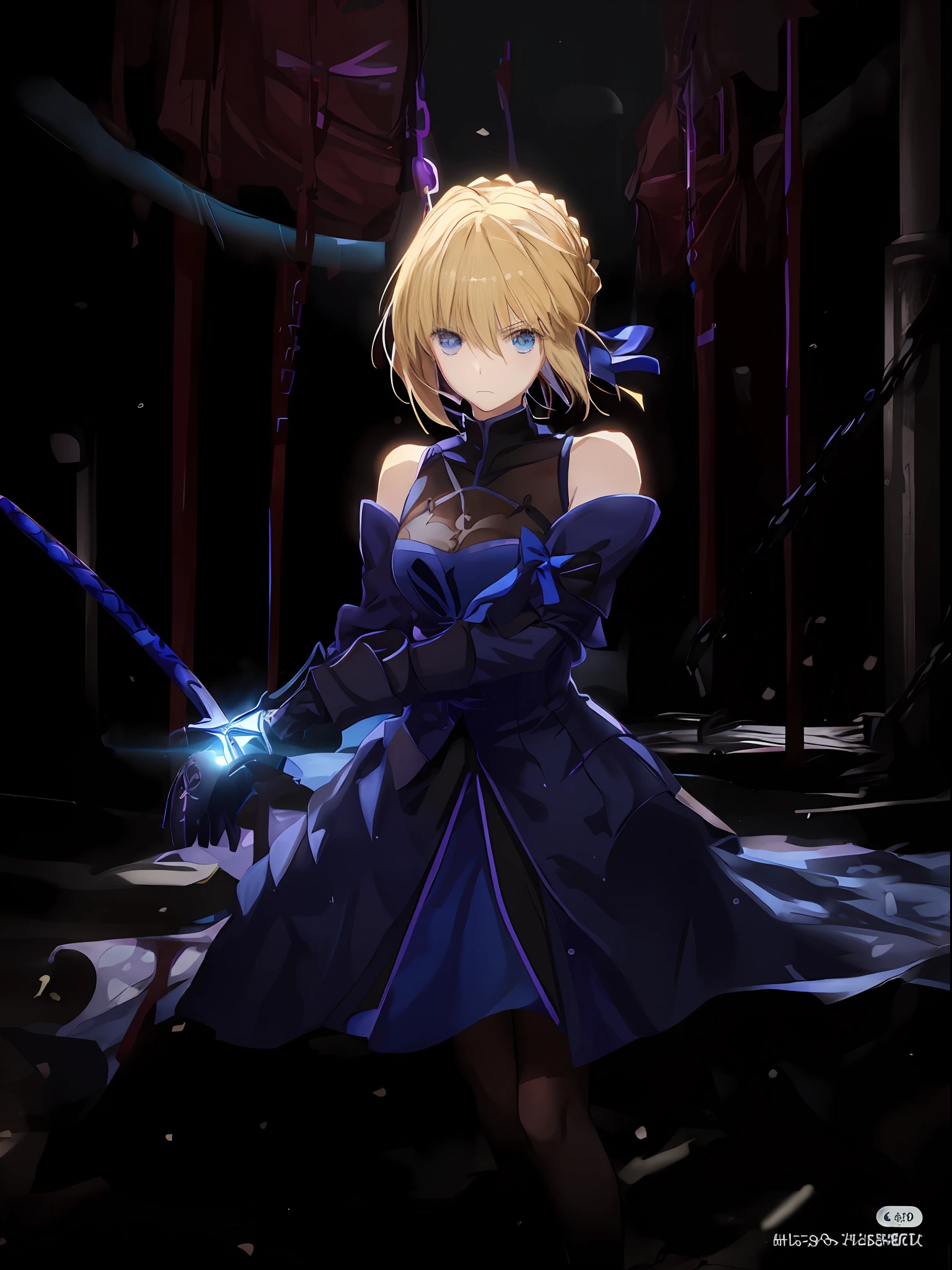 Anime girl in blue dress standing in dark room, fate / stay night, fate grand order, fate stay night, fate zero, Artoria Pendragon, anime style like fate/stay night, fate/Zero, Female protagonist 👀 :8, Badass anime 8 K, Female protagonist, Violet Evergarden, she is holding a sword, holding a sword on her shoulder