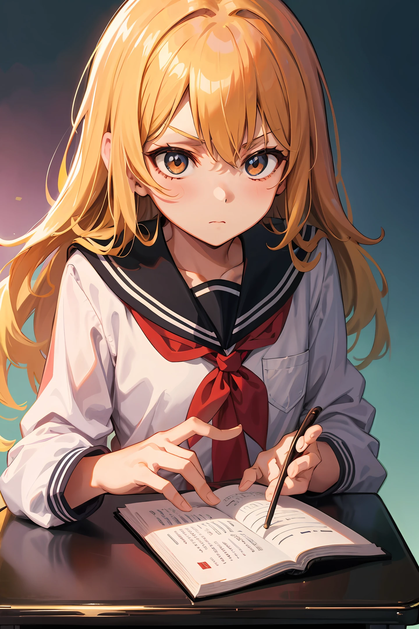 whaite hair,long whitr hair,Anime realism,junior school student,Sit at a desk,Listen carefully to the lecture,Serious and affectionate,White school uniform,Clean and tidy desk,Light and shadow limits,Detailed details,8k