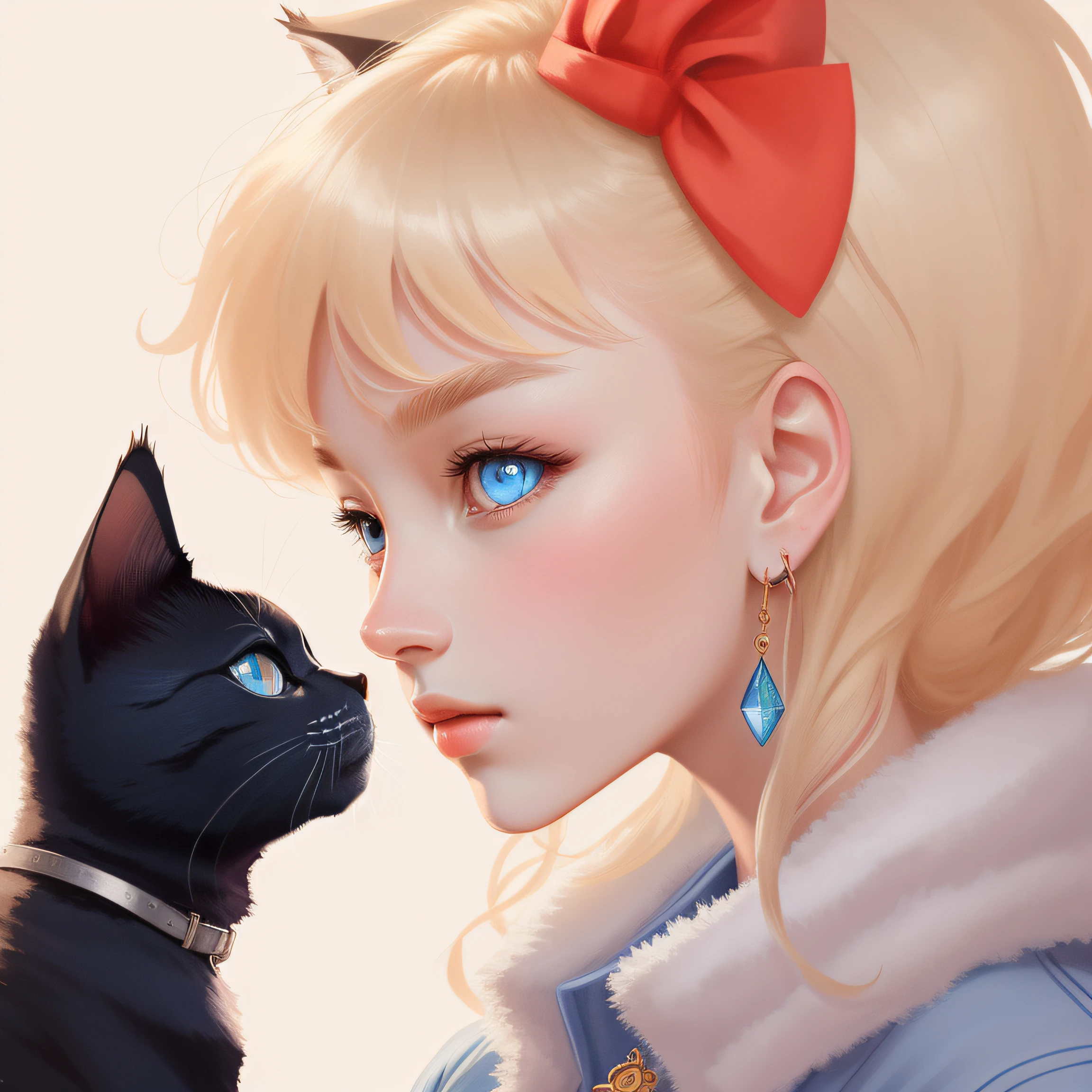 Masterpiece-quality ultra-high-definition illustration,The picture is full of cute elements,The girl has a perfect figure,Cute cat ears again,Smart blue eyes and blonde hair go well together,Brilliant gemstone earrings adorn the delicate face,The night left for her imagination depicts the blue moon and the twinkling of city lights,A light blue background further blends the entire painting。