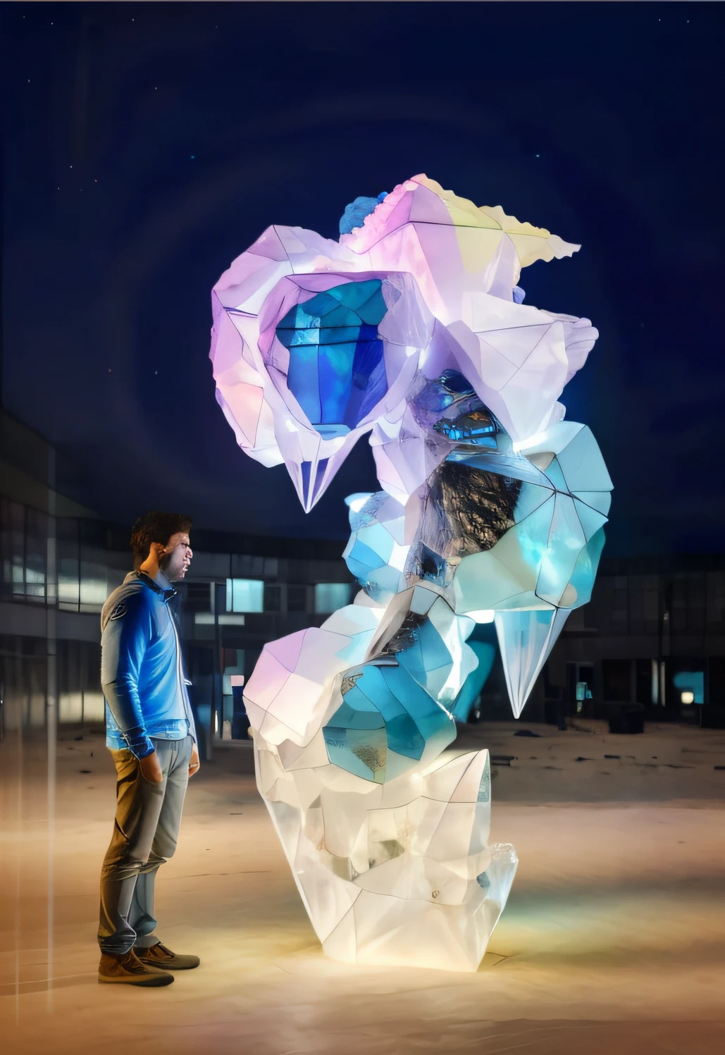 There is a man standing next to an interactive installation sculpture, large translucent art statues, digital sculpture, interactive art, statue made of glass, colorful detailed projections, Huge hologram, with 3 d render, with 3d render, colored projections,Electronic screen and crystal combined,Bioluminescent hypercube, hero pose colorful city lighting