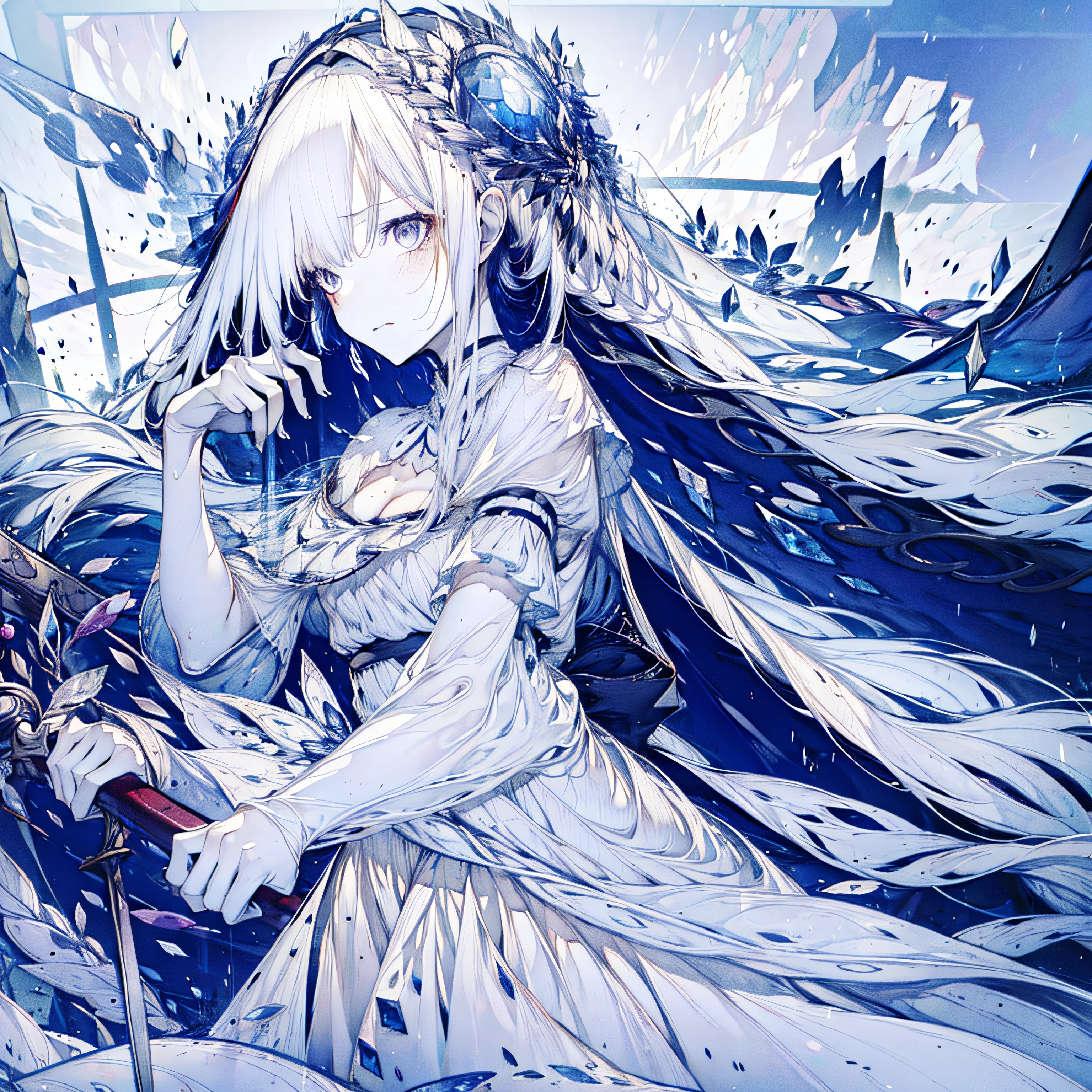 hyper HD、in a panoramic view、mountain water、Long flowing hair,Manteau blanc,Literary,Big chest --auto
