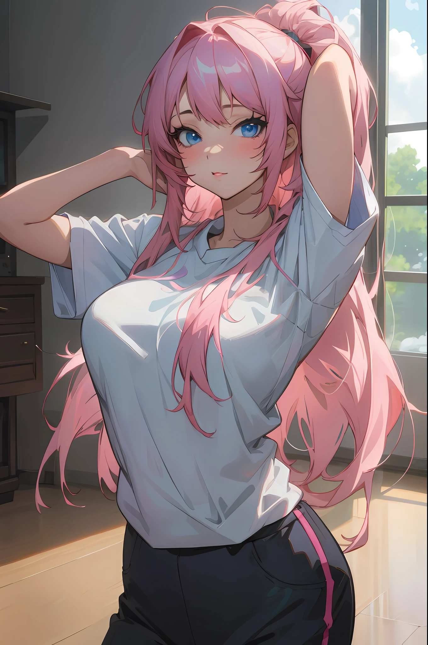Anime girl with pink hair and blue eyes poses in room, Best Anime 4K Wallpapers, Seductive Anime Girl, guweiz on pixiv artstation, guweiz on artstation pixiv, Anime art wallpaper 8k, anime style 4 k, 4k anime wallpaper, 4 k manga wallpaper, artwork in the style of guweiz