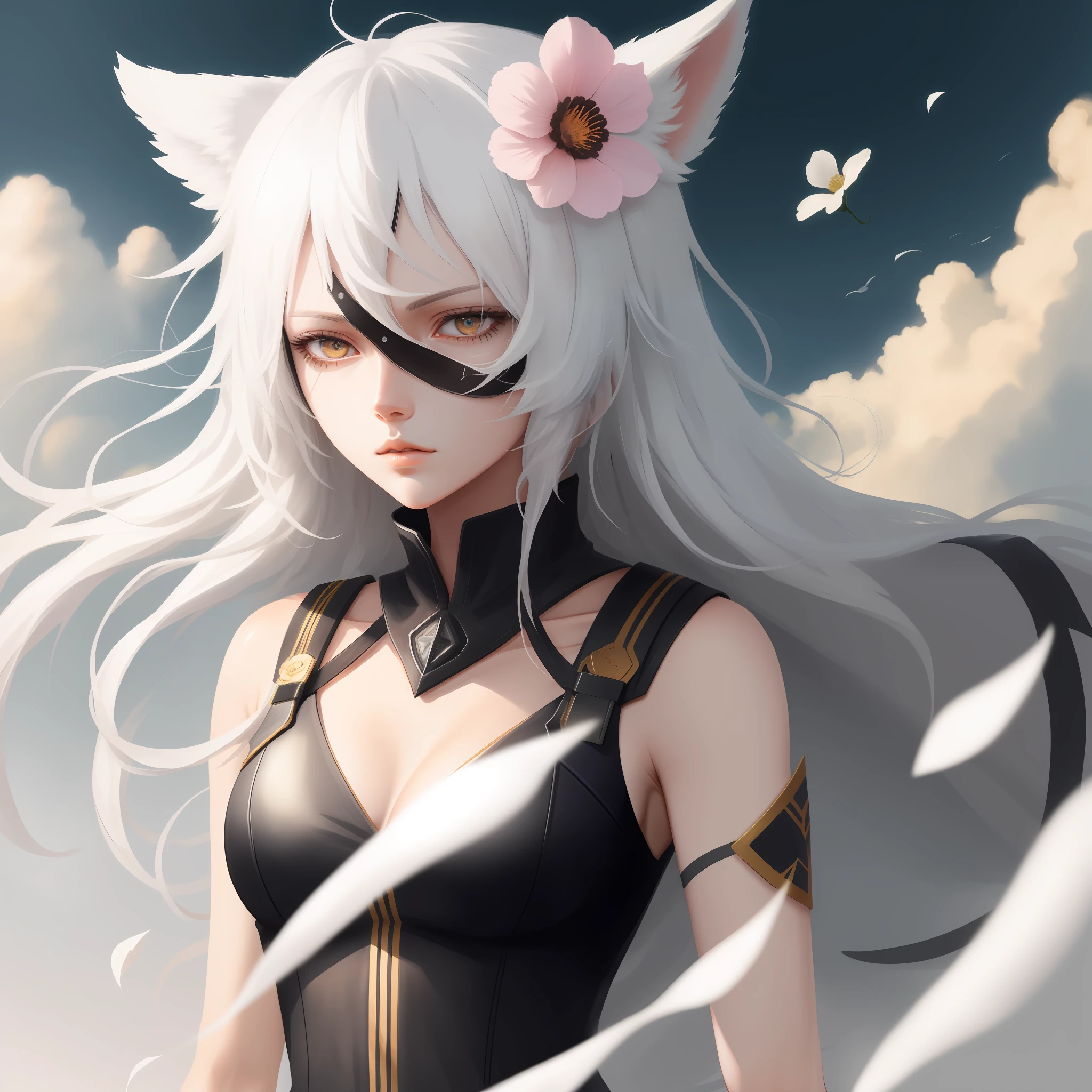 white hair, covered eyes, forehead mark, lonely, floating hair, flower on head, animal ears, unconscious, parted lips, high detail, high detail, high detail, anime, super detail