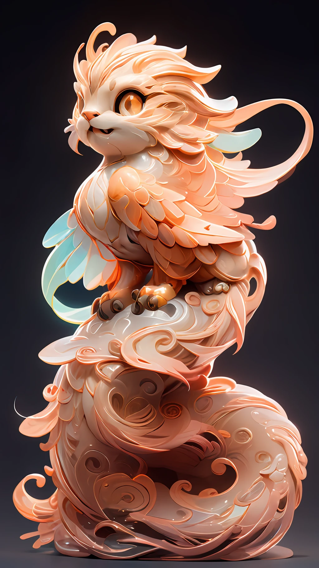 in the shape of a cat，Bling background，Dreamy colors，Transparent statue，florals，Big eyes，Orange colors，Open-mouthed，laughingly，tmasterpiece，（best qualtiy：1.3）， full bodyesbian，Ling_Long