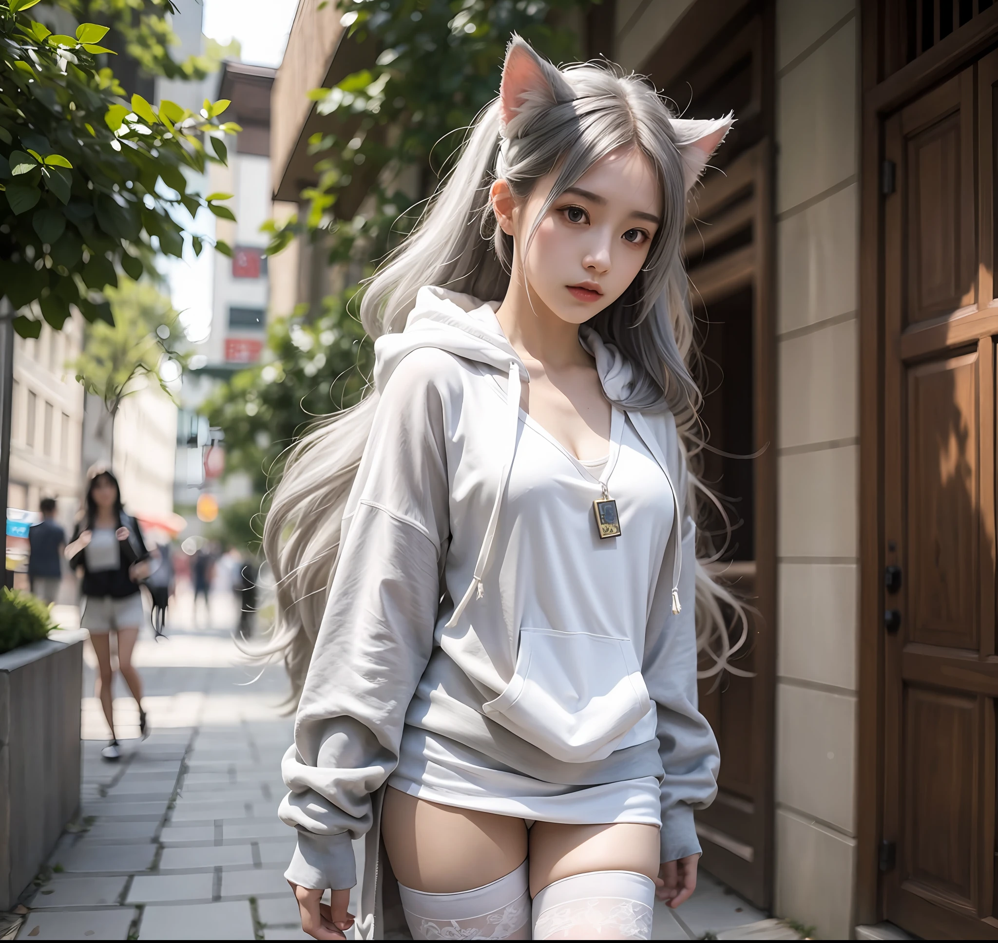 White long-haired woman wearing white hooded sweatshirt and white stockings, Gray hair tifa, Perfect white haired girl, Anime girl cosplay, Surrealism female students, Girl with white hair, ChineseGirl, cosplay, white haired Cangcang, Anime girl in real life, Anime cosplay, goddes,Exquisite facial features,Walk in the endless flow of people,cat ear,Fiddling with his chest