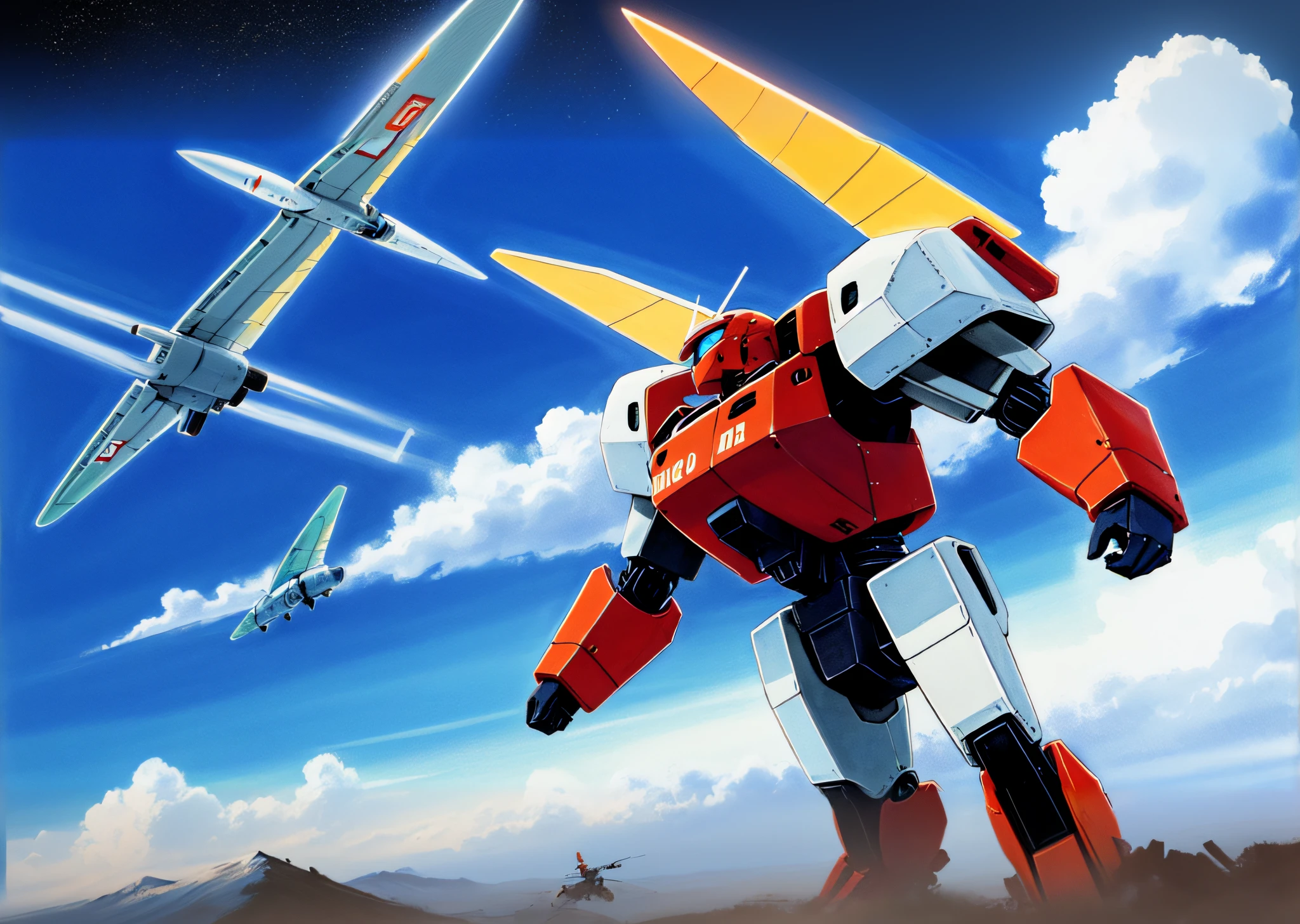 (modern mecha anime+Robot protagonist+giant robots:1.2)，Red and white robots flying in the sky in 2 planes，Brilliant，(Transformers:0.7)Style elements，Hyper-realistic style，intensive details，Dark background，Highlight the silhouette of the robot，Orange theme tones，The light and shadow are excellent，starry night background。
