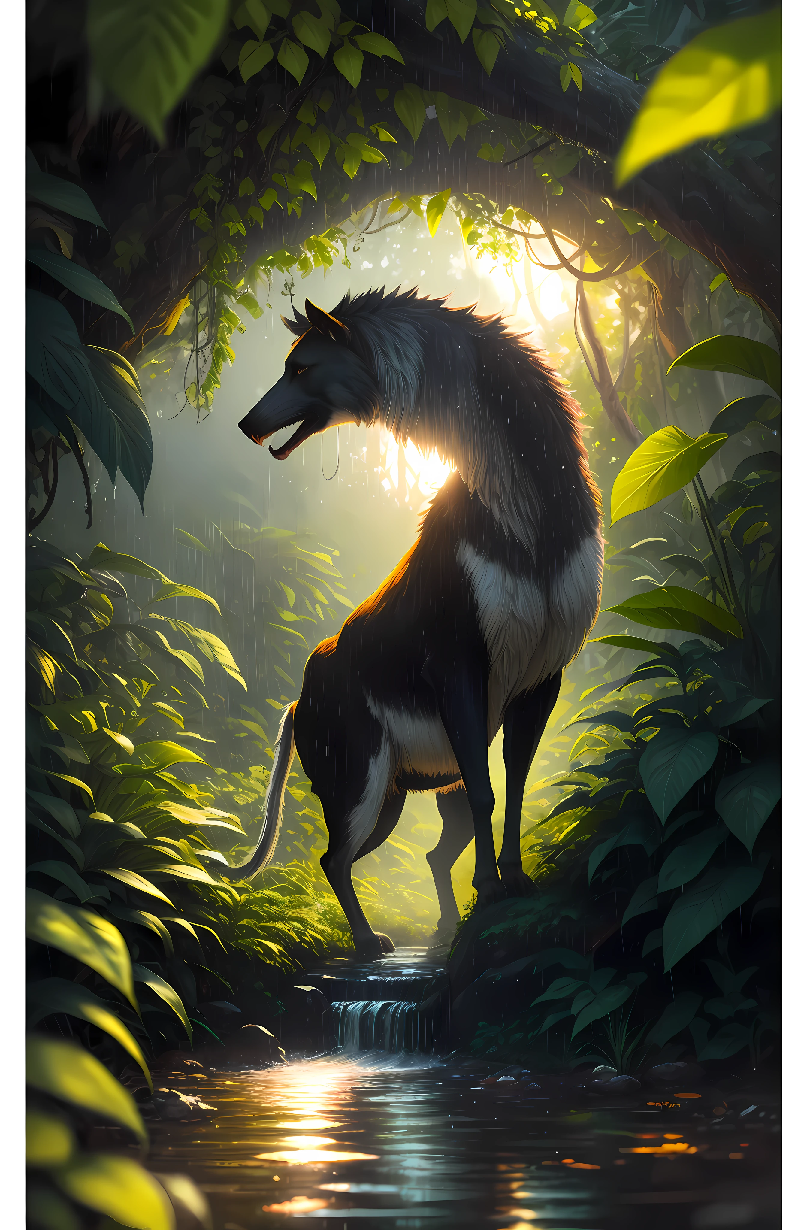 A jungle, with intense rainfall, monochromatic, vines all around, giant and wet trees, masterpiece, best quality, high quality, extremely detailed CG unity 8k wallpaper, oil paiting, award winning photography, Bokeh, Depth of Field, HDR, bloom, Chromatic Aberration ,Photorealistic,extremely detailed, trending on artstation, trending on CGsociety, Intricate, High Detail, dramatic, art by midjourney, volumetric lighting