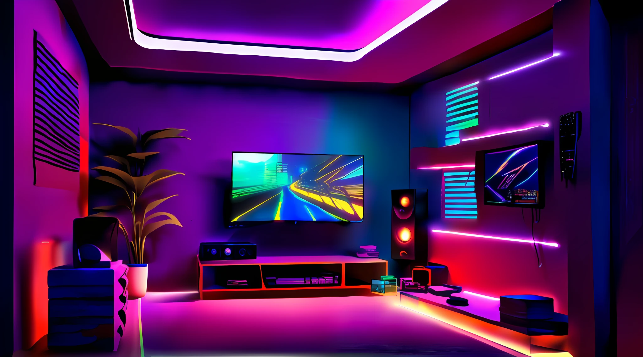 there is a room with a tv and speakers in it, futuristic room, vaporwave lighting style, neon ambient lighting, vibrant color scheme 8k, cyberpunk teenager bedroom, in a cyberpunk themed room, soft calm warm neon atmosphere, ultraviolet and neon colors, neon blacklight color scheme, neon basement, neon ambience, synthwave colors, synthwave colors!!