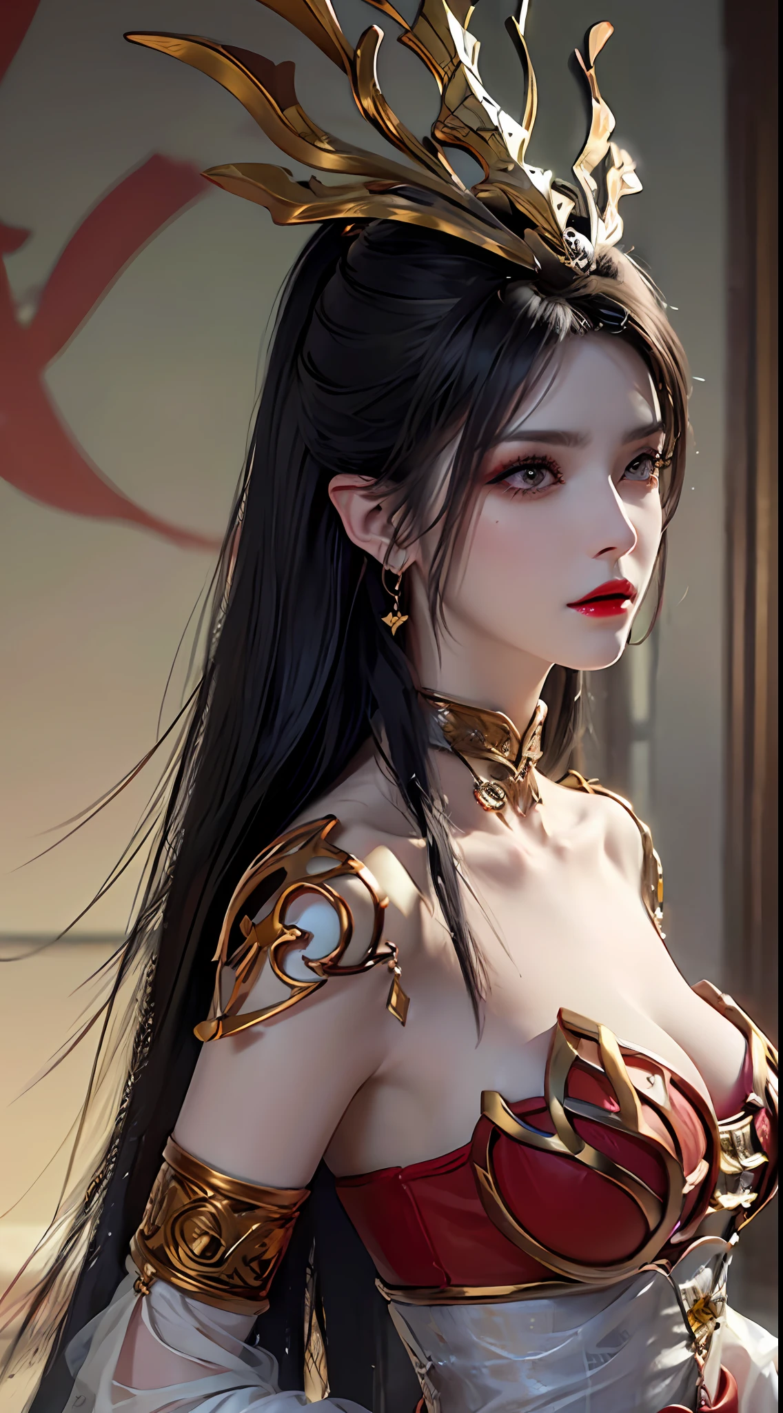 1 very beautiful queen medusha in hanfu, thin red silk blouse with many yellow motifs, black lace top, crown worn on her head, long bangs and dyed black ponytail, beautiful hair jewelry , pretty and cute face, perfect face, earring jewelry, light purple bunny ears, antique jewelry, big red eyes, sharp eye makeup, meticulous makeup eyelashes, feathers thin eyebrows, high nose, pretty red lips, no smile, pursed lips, rosy cheeks, wide breasts, big breasts, well-proportioned breasts, slim waist, red mesh stockings with black lace, Chinese hanfu style, bad art patterns texture, vivid and true colors, RAW photos, realistic photos, ultra high quality 8k surreal photos, super cool photos, (virtual lighting effect: 1.8), 10x pixels, magic effect (background) : 1.8), super detailed eyes, beautiful girl body portrait, girl alone, ancient hanfu background, looking directly at the audience, wide original photo, 8k quality, super sharp, detailed image most detailed and clear, detailed light background,