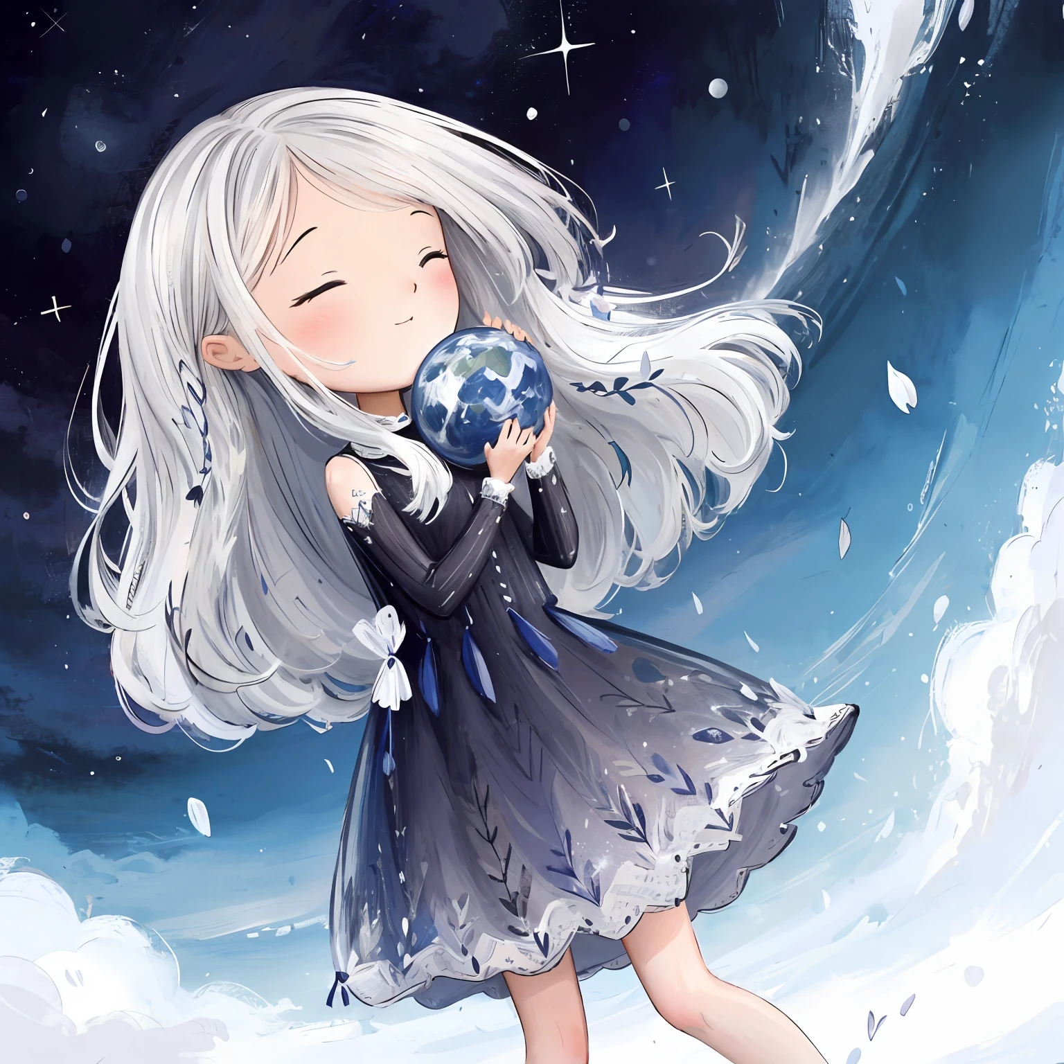 A long-haired girl holds earth in her hand，She pressed it gently to her chest，As if protecting the whole world。The earth is in her arms，Sleep peacefully，Turn gently，It seems to respond to the girl's warmth and love。