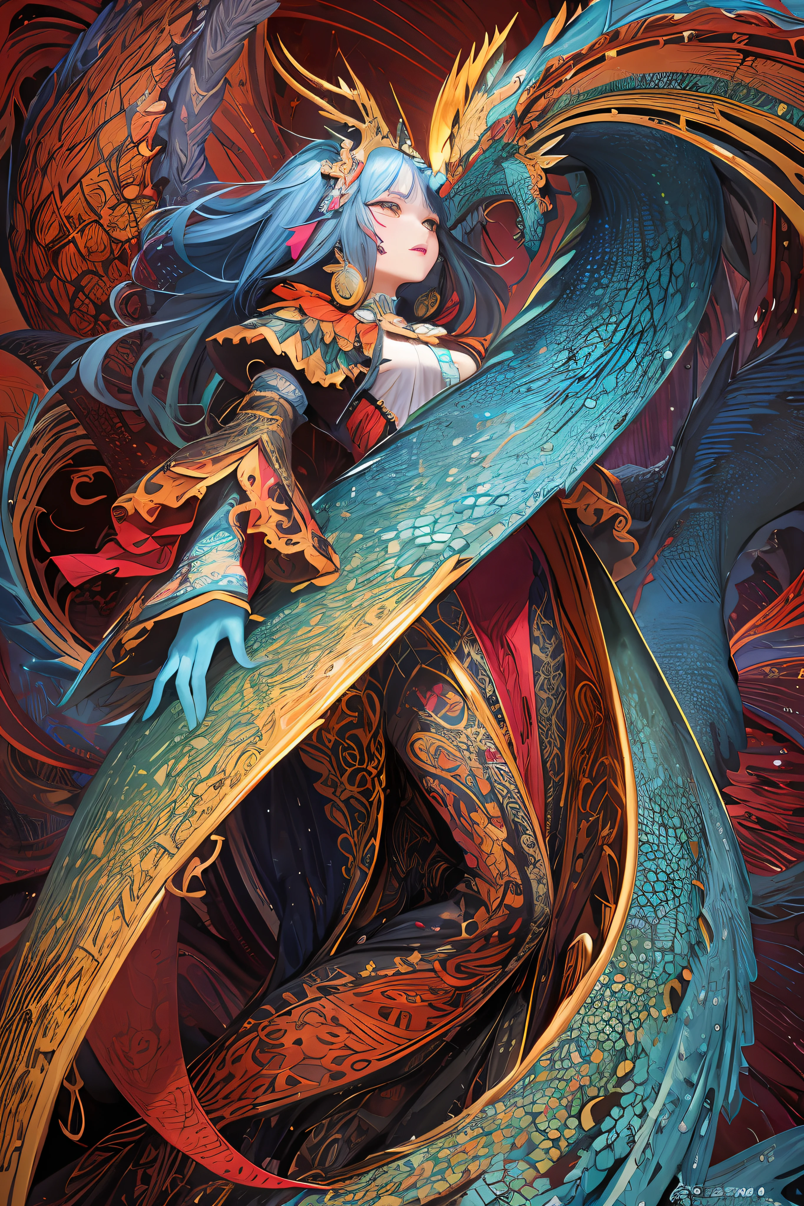 (tmasterpiece,top Quority,best qualtiy,offcial art,Beauty and aesthetics:1.2),(1girl:1.3),The is very detailed,(s fractal art:1.2),Background composed of dragons,Most detailed,(zentangle:1.2),(dynamicposes) , (abstract backgrounds:1.5), (traditionalcostumes:1.2), (shiny skins), (many color:1.4), The upper part of the body