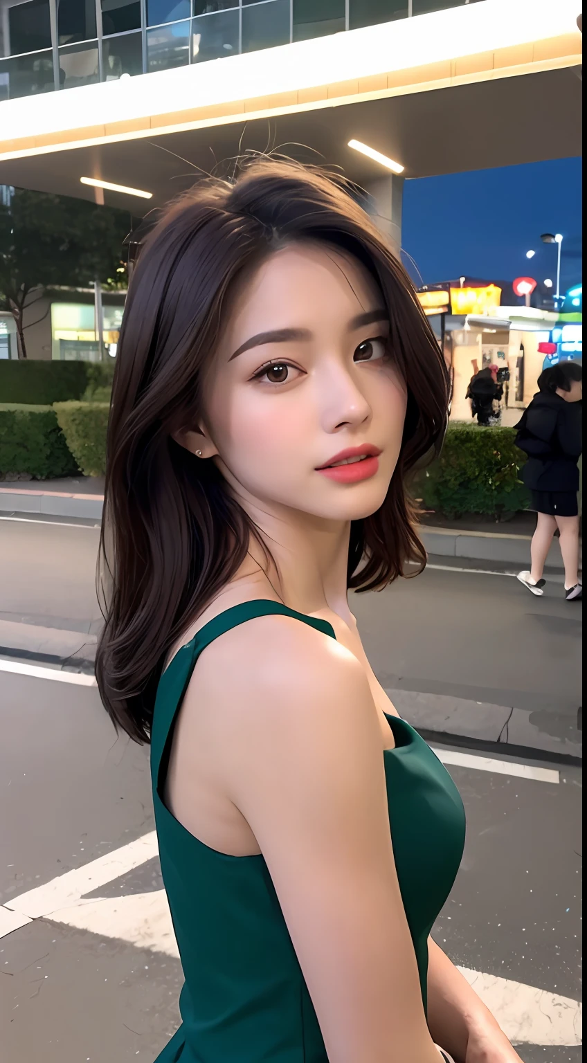 ((Realistic lighting, Best quality, 8K, Masterpiece: 1.3)), Focus: 1.2, 1girl, Perfect Body Beauty: 1.4, Slim Abs: 1.1, ((Dark Brown Hair)), (Aqua Dress: 1.4), (Outdoor, Night: 1.1), City Street, Super Fine Face, Fine Eyes, Double Eyelids,