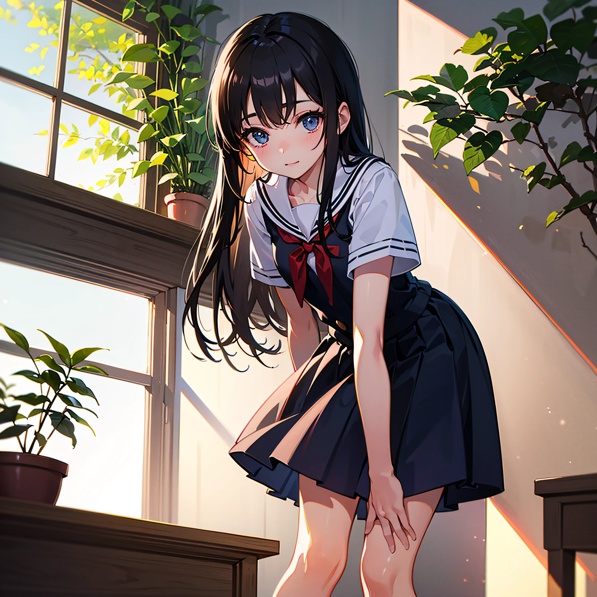 ultra - detailed，Hyper Real，High-definition and beautiful little loli,Leaning over the window，Sunlight shines through the leaves，Little girl in cute school uniform，The scene is a campus。 --auto