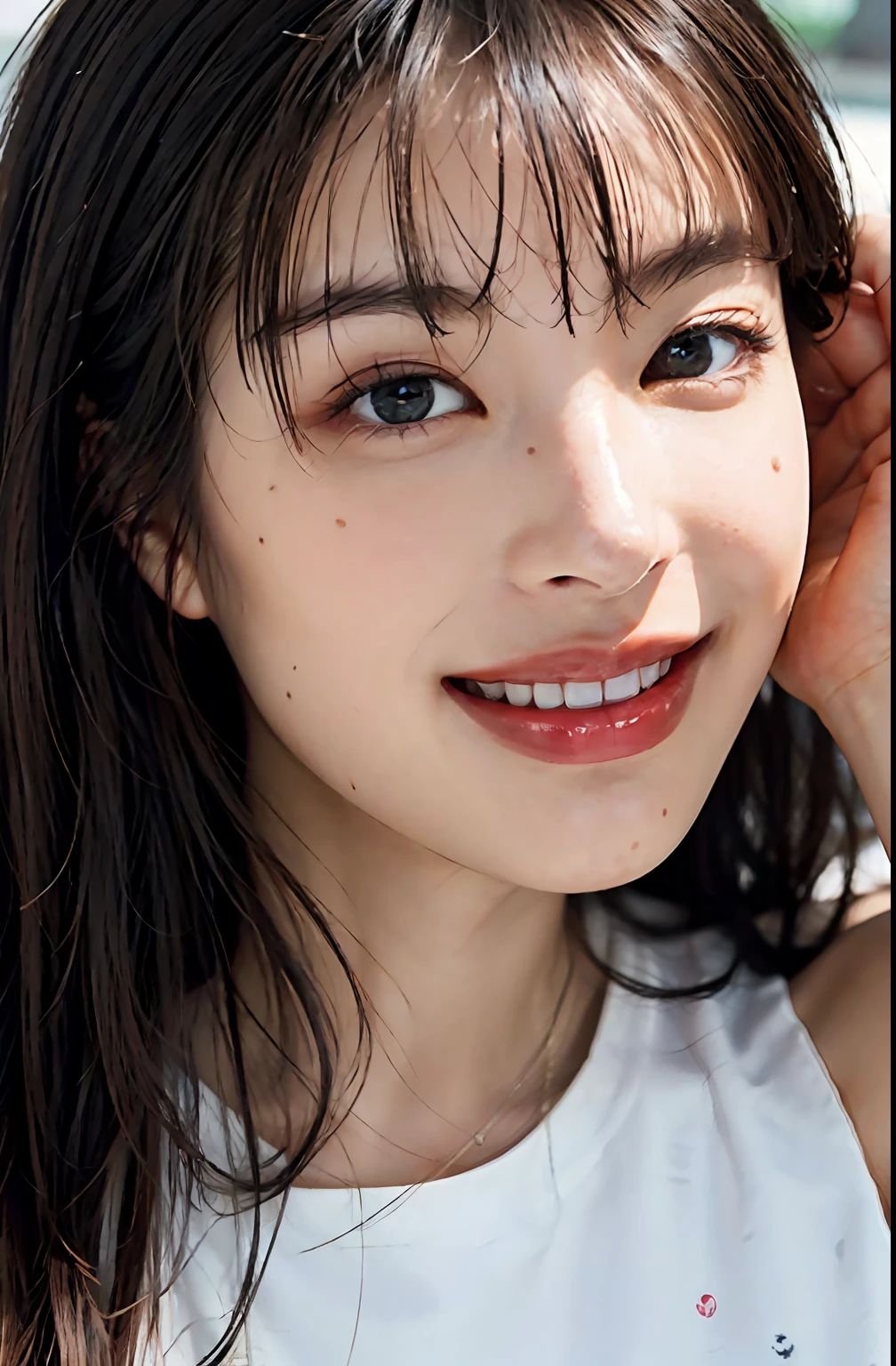 (A hyper-realistic), (illustratio), (hight resolution), (8K), (ighly detailed), (The best illustrations), (beatiful detailed eyes), (top-quality), (ultra-detailliert), (masterpiece), (wall-paper), (详细的脸), a bed、Upper body close-up,Armpit, A smile,Plump,独奏,Girl in tight white tank top, full of sweat, japanes, large full breasts, (camel's toe)、huge-breasted、Detailed, well-groomed white teeth、Ultimate Beauty、shot on the Canon EOS R 6、full of sweat、(beautiful detailed teeth)、Silver necklace、Park with sunshine、Perfect and beautiful female hands、Perfect tooth alignment、
